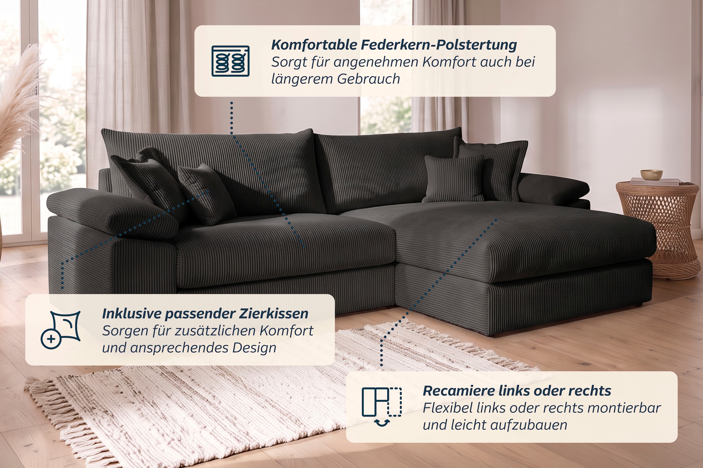 GOODproduct Canapé d'angle »Soft&Cosy XXL L-Form, B: 303 cm - OTTO. Verlässliche Qualität.« Mega-canapé, structure en velours côtelé ou chenille, avec ressorts et 4 coussins décoratifs