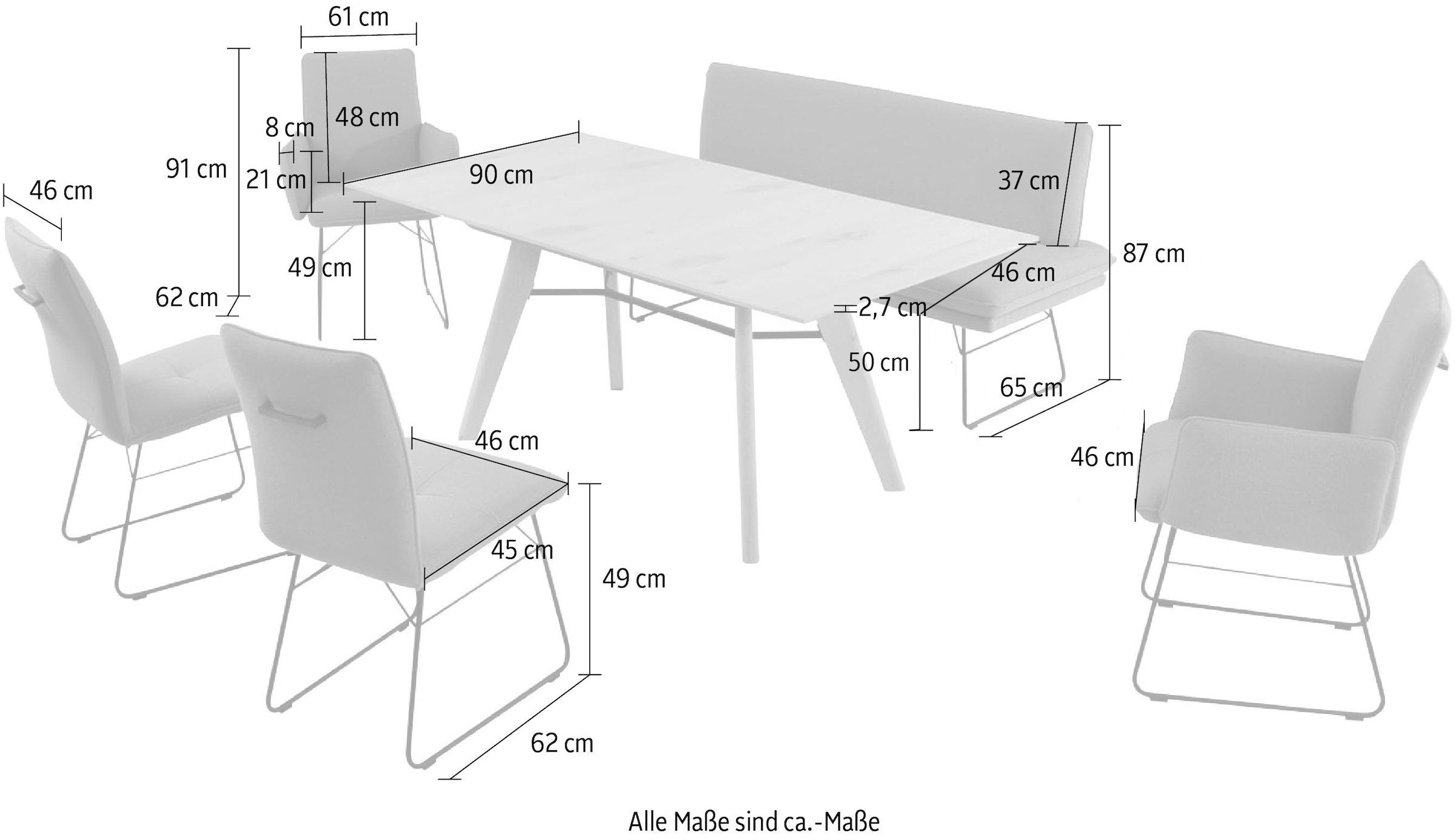 K+W Komfort & Wohnen Ensemble de salle à manger »Giacomo IV« 6 cuis tlg. banc rembourré en 2 tailles, 2 chaises à patins, 2 chaises avec accoudoirs et 1 table