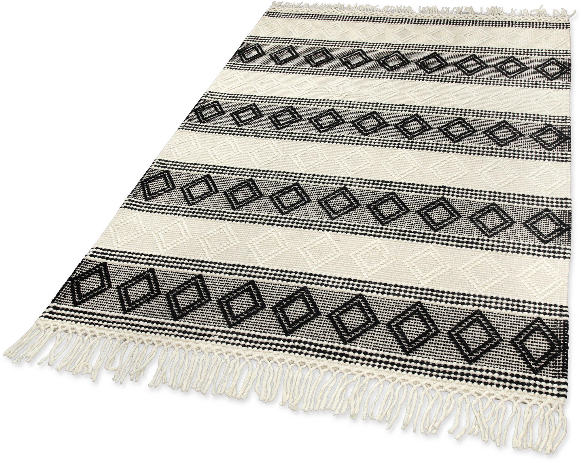 GOODproduct Teppich »Jorvik« rechteckig 8 mm Höhe Kurzflor, Wolle, handgewebt, mit Fransen, Schlafzimmer