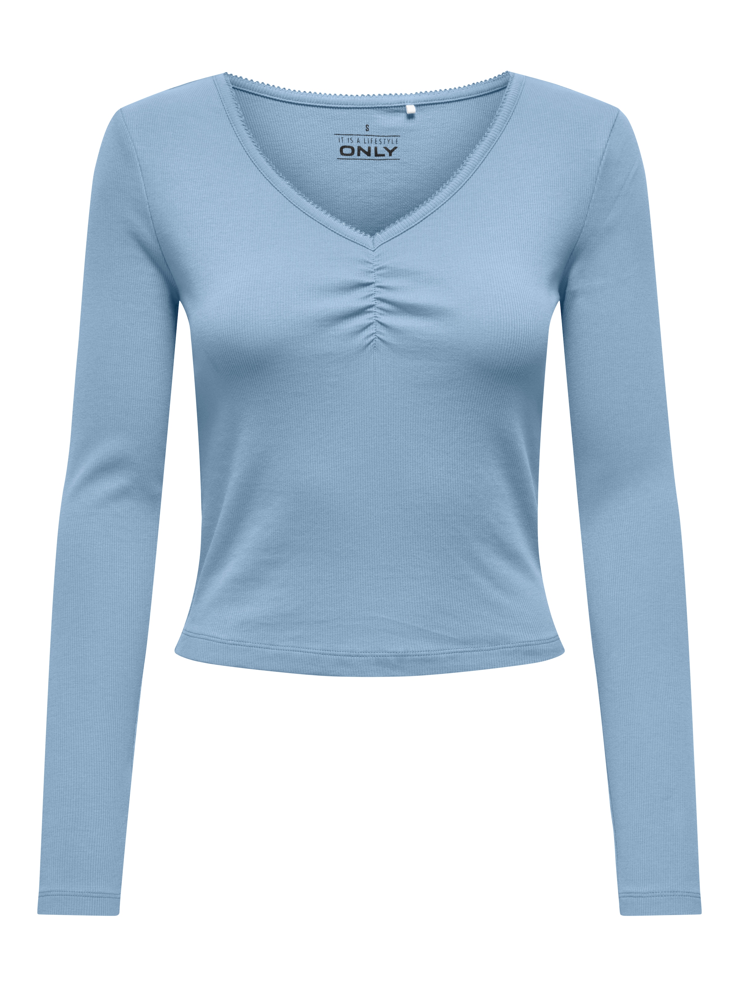 ONLY Langarmshirt »ONLBETTY LIFE L/S SCALLOP V-NECK CC JRS« mit Raffung am Ausschnitt