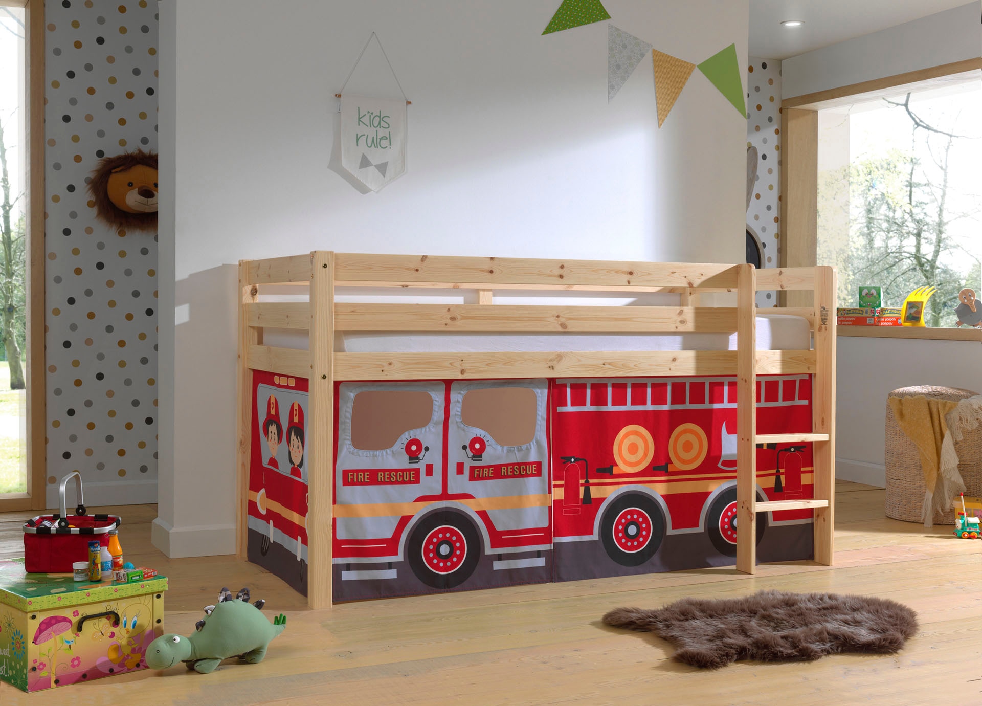 Vipack Lit de jeu »Pino, Kiefer massiv, mit Rolllattenrost u. Textil-Set, Made in Europe« L/H/P env. 210x114x106 cm, avec échelle et protection anti-chute,  différents dessins textiles, 3 couleurs de cadre au choix