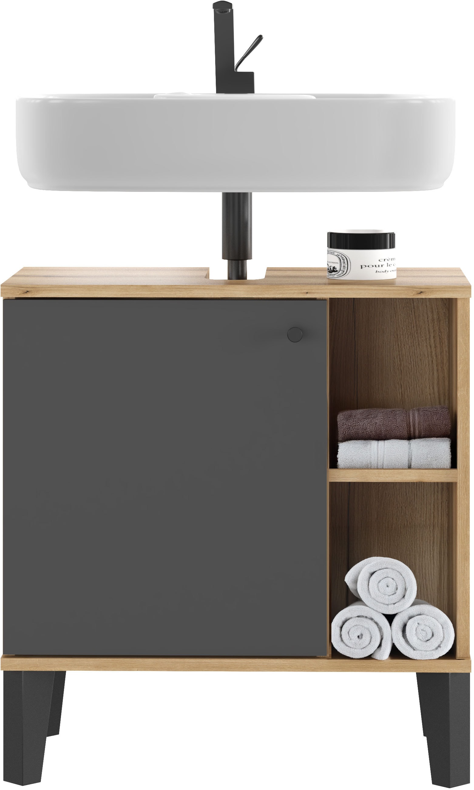 INOSIGN Waschbeckenunterschrank »Oslo, Waschtisch mit Knopfgriff, Badschrank im skandinavischen Design« in der Türfarbe Weiss oder Grau verfügbar, ausreichend Stauraum