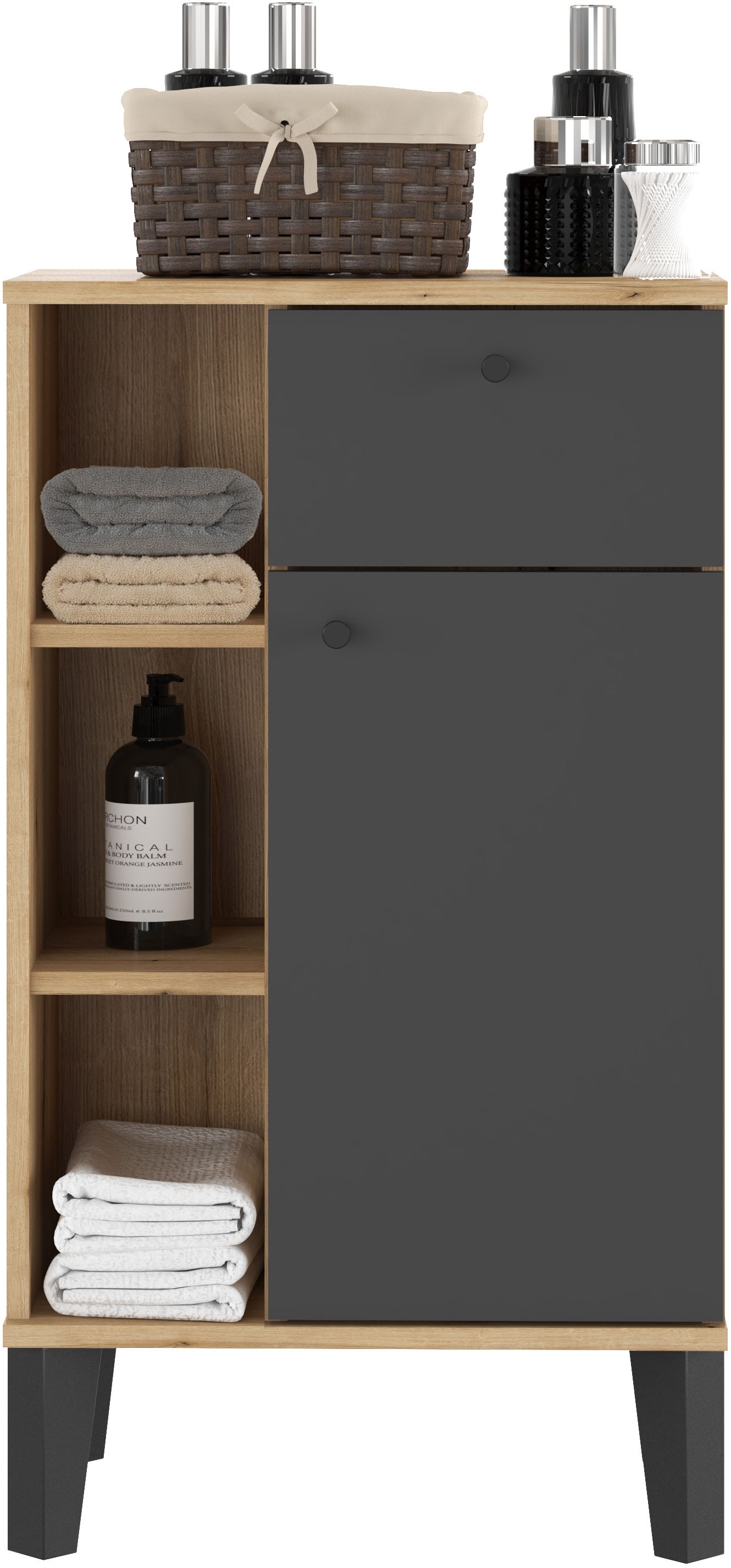 INOSIGN Midischrank »Oslo, Badschrank mit Knopfgriff, Schrank im skandinavischen Design« in der Türfarbe Weiss oder Grau verfügbar, ausreichend Stauraum