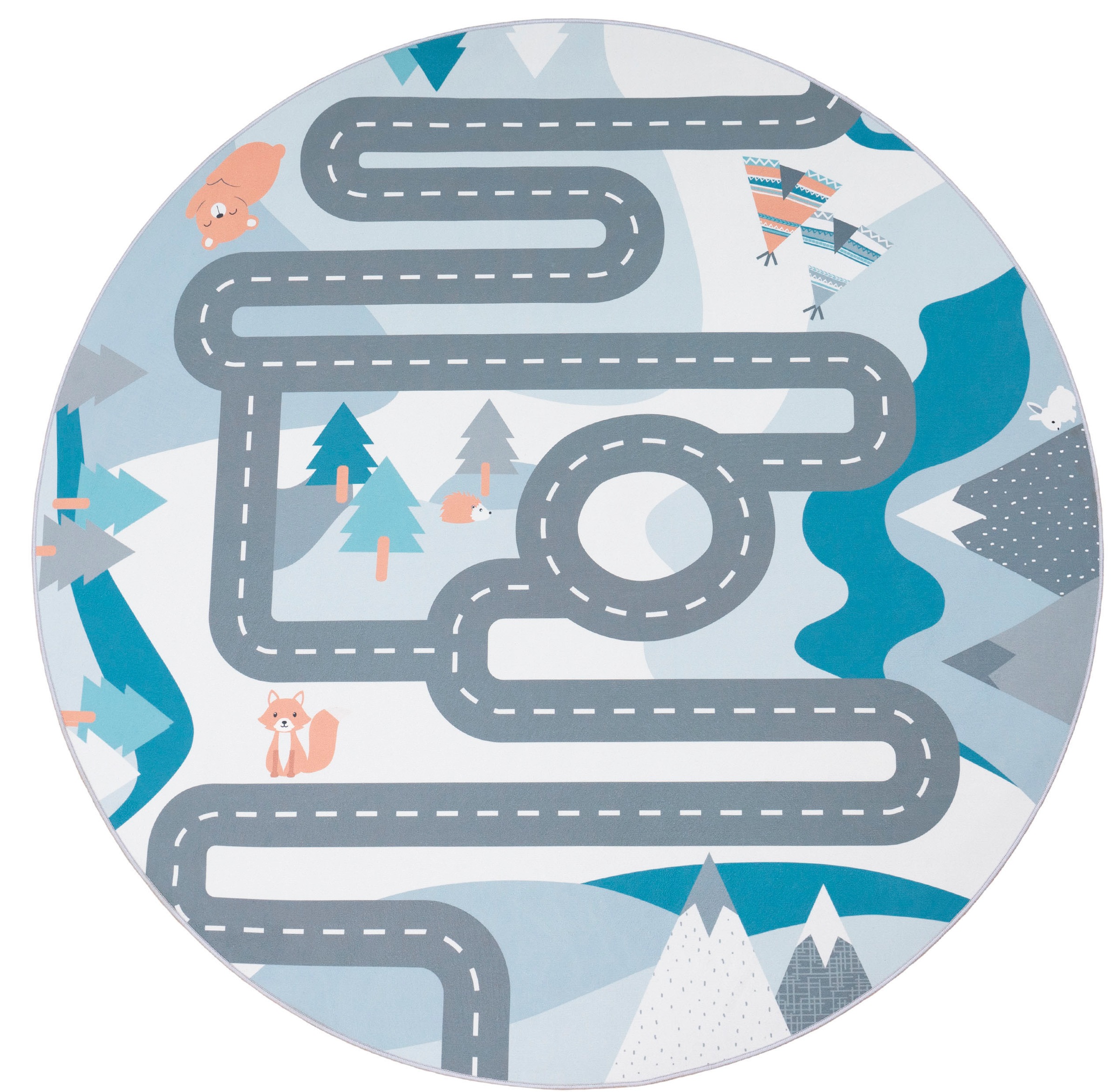 Paco Home Tapis pour enfants »Bino 574« Rond 4 mm Höhe Kurzflor, Strassen-Spiel-Teppich, Tippis & Wald, Kinderzimmer