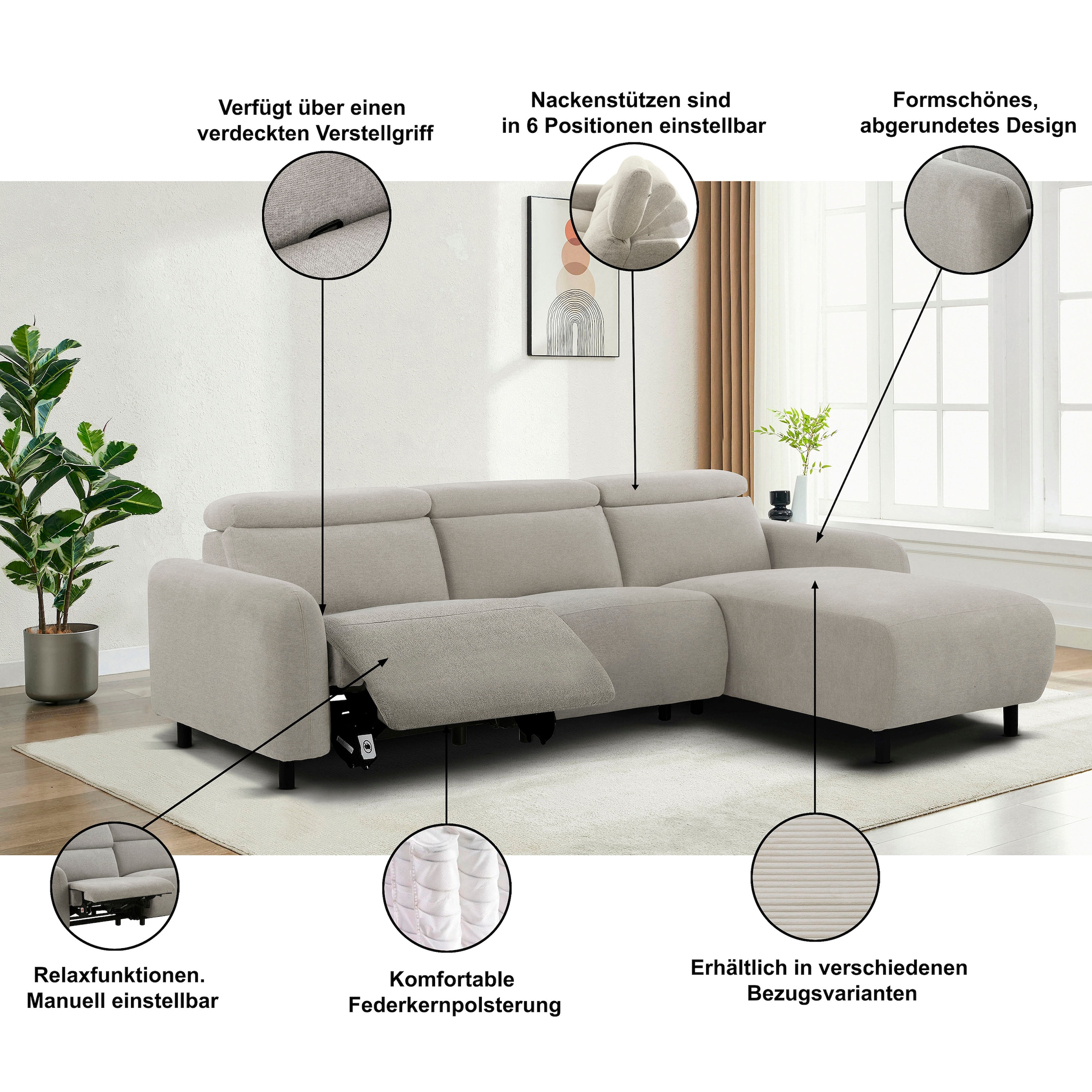 GOODproduct Canapé d'angle »SKAANE Struktur, L-Form, 274 cm, manuelle/elektrische Relaxfunktion,« 274 cm, mit Kopfteilverstellung und man. oder elektr. Relaxfunktion
