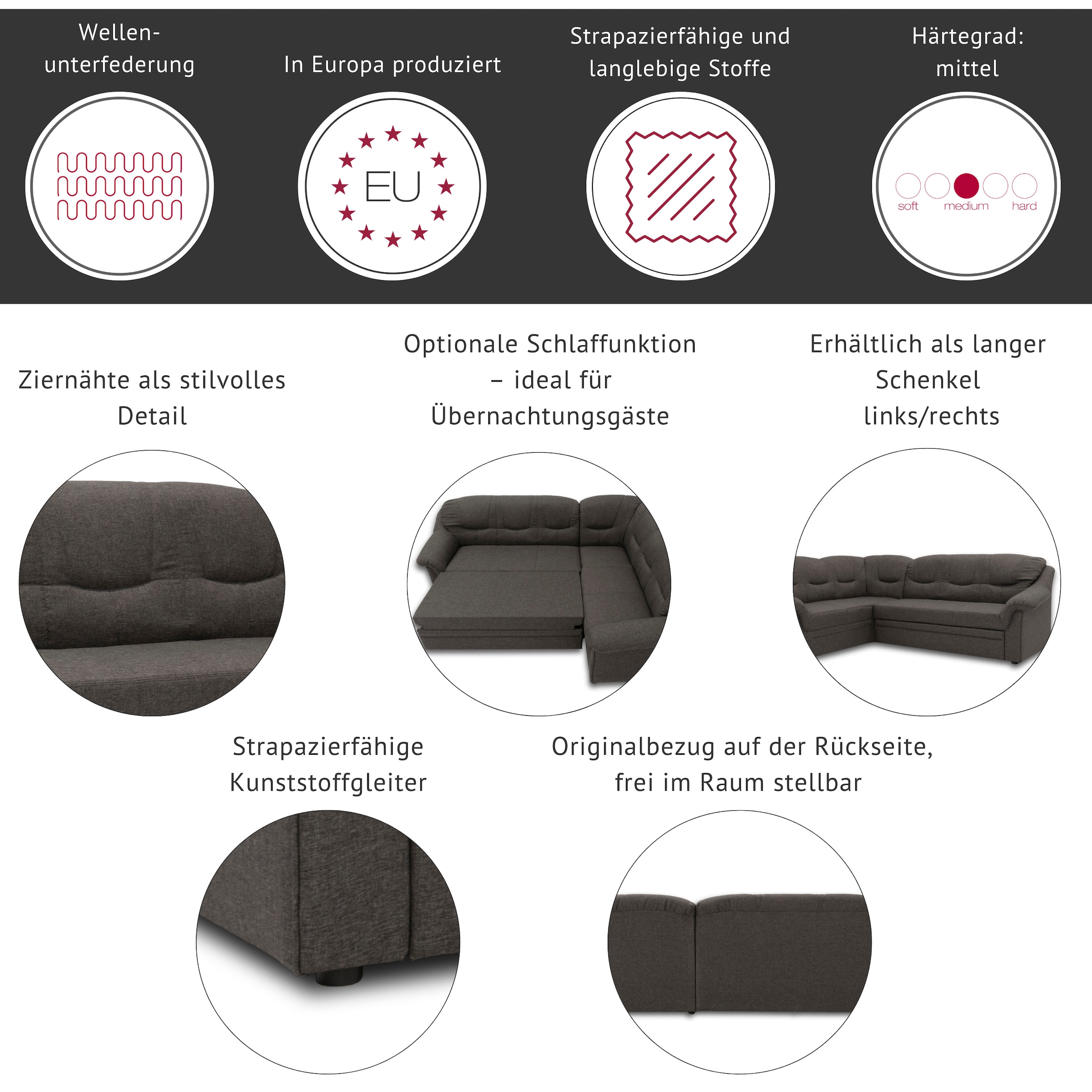 DOMO collection Canapé d'angle »Montana, zeitlose Rückensteppung, bequeme Armlehnen, L-Form« wahlweise mit Bettfunktion