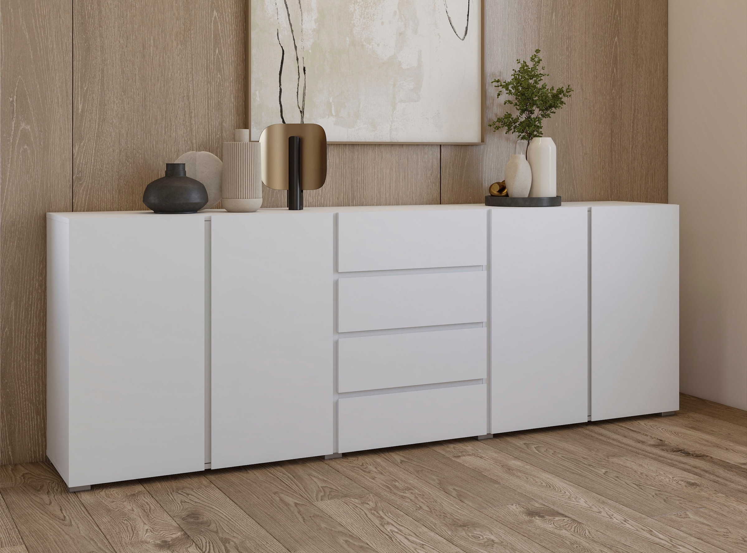 GOODproduct Buffet »Metric,Breite 222 cm, grifflose Kommode 4 Türen/4 Schubkästen« commode à tiroirs avec beaucoup de rangement, étagères réglables