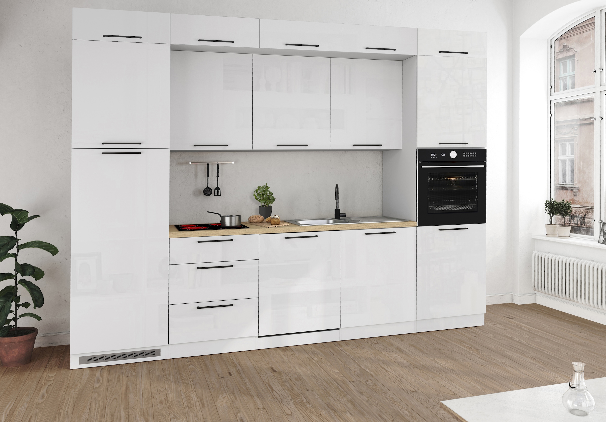 KOCHSTATION Kitchenette »Luna, Einbauküche, Zeilenküche, mit Soft-Close Funktion, Made in Italy« Breite 300 cm ohne E-Geräte, mit Spüle+Siphon und Aufsatz