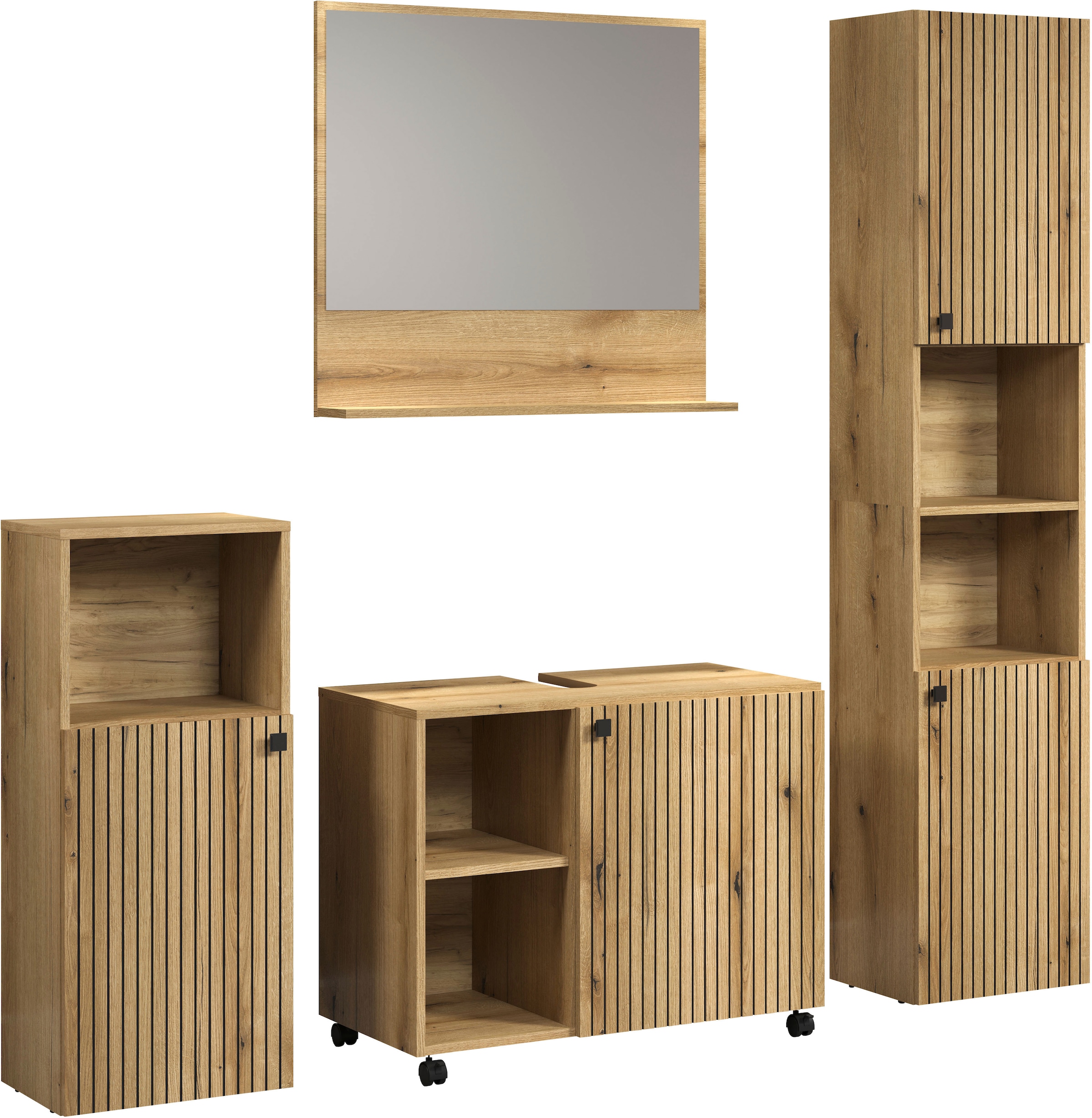 welltime Ensemble de meubles de salle de bain »Amrum Waschbeckenunterschrank Spiegel Hochschrank Badschrank« Ensemble complet, 4 cuis tlg.