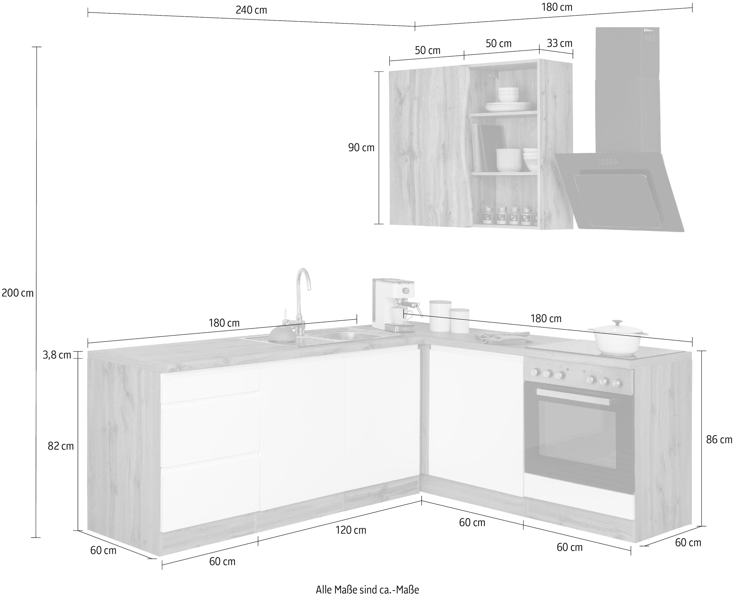 KOCHSTATION Winkelküche »KS-Bruneck« Stellbreite 240/180 cm breit, wahlweise mit oder ohne E-Geräte, MDF