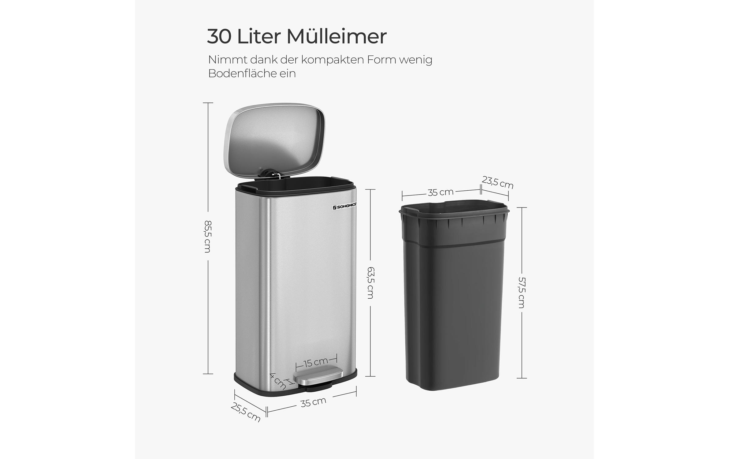 SONGMICS Mülleimer »mit Inneneimer 30 l« Treteimer mit Softclose Funktion