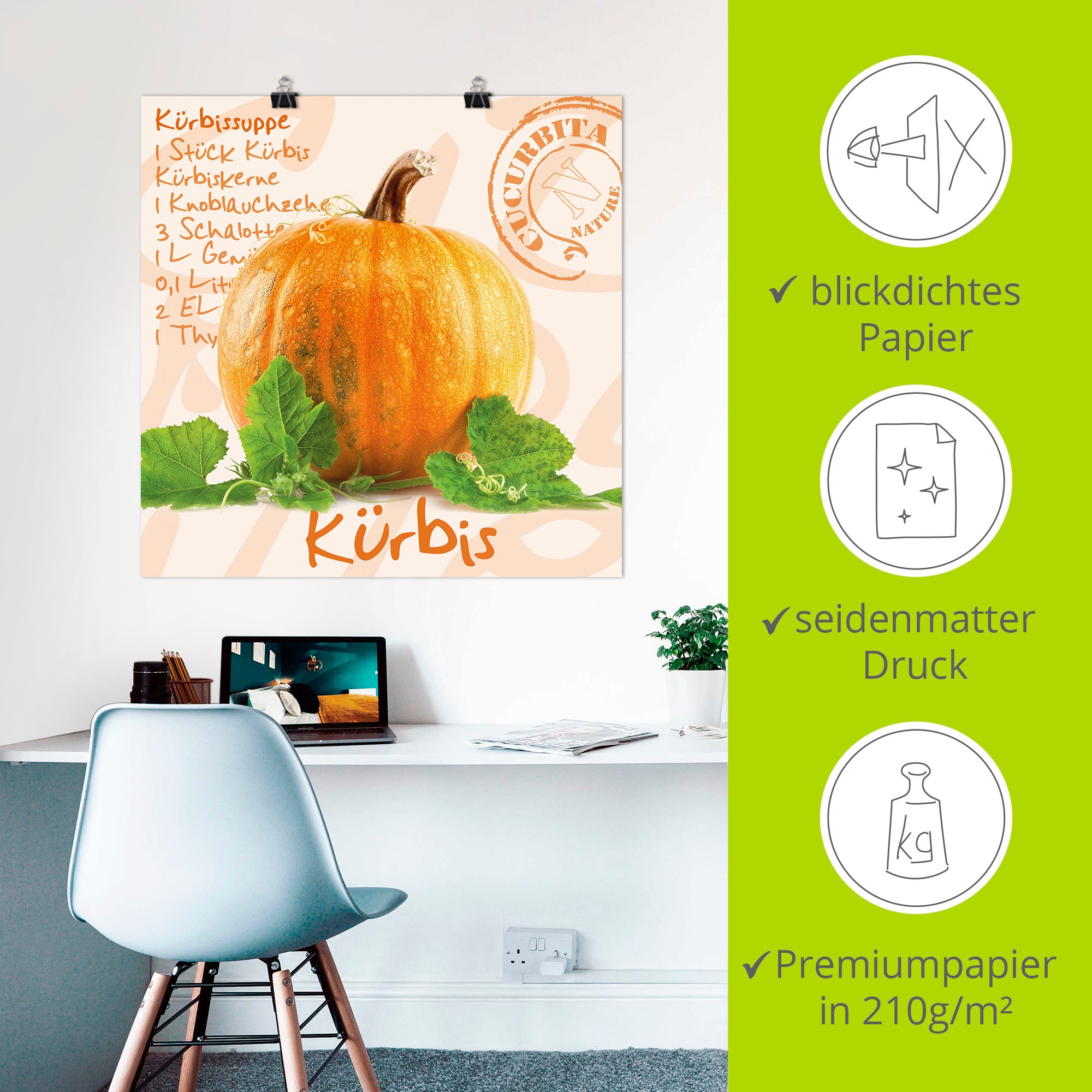 Artland Wandbild »Gelber Kürbis mit grünen Blättern« Lebensmittel 1 Stk. tlg. als Poster, Wandaufkleber in verschied. Grössen