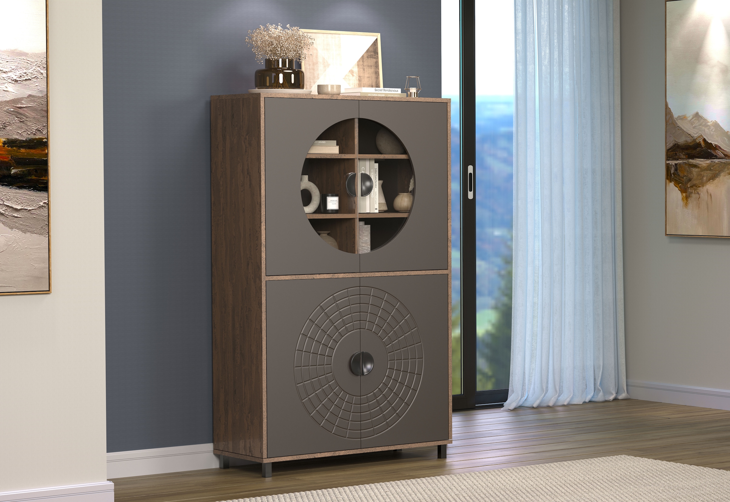 INOSIGN Hochkommode »Fusion« 1 Stk. tlg. Vitrine mit besonderem Kreismuster - Hochzeitsschrank in Vintageoptik