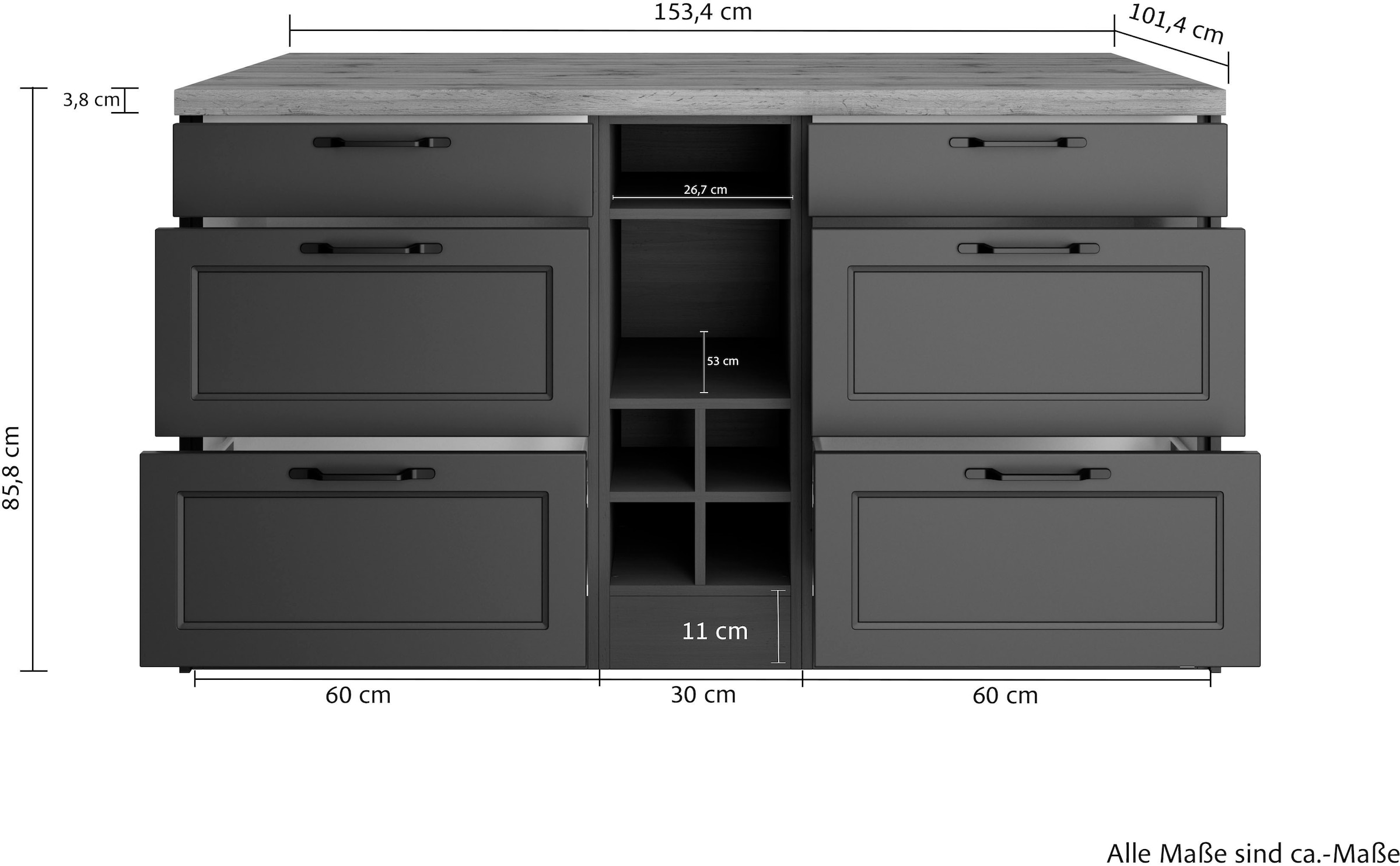 KOCHSTATION Ilot de cuisine »KS-Lana, Breite 153 cm« façades MDF, plan de travail épaisseur 38mm