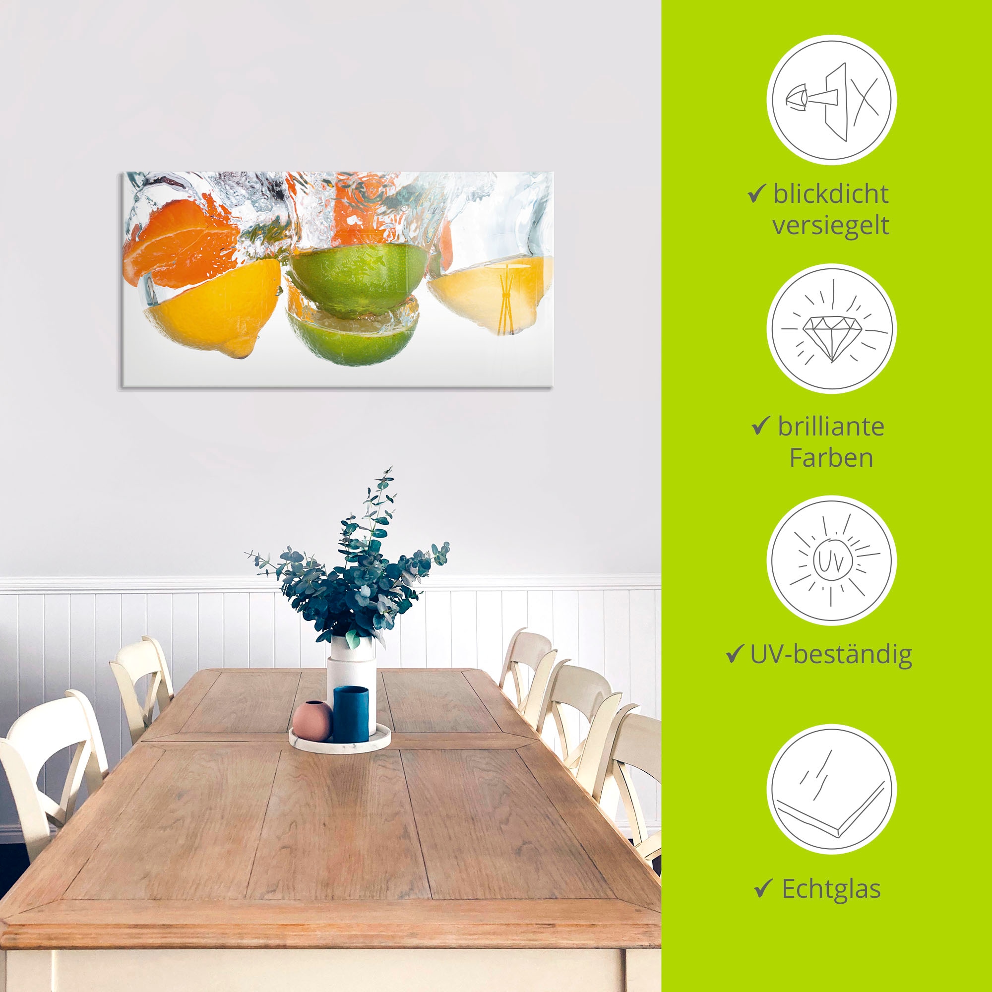 Artland Glasbild »Zitrusfrüchte fallen in klares Wasser« Lebensmittel 1 Stk. tlg. in verschiedenen Grössen