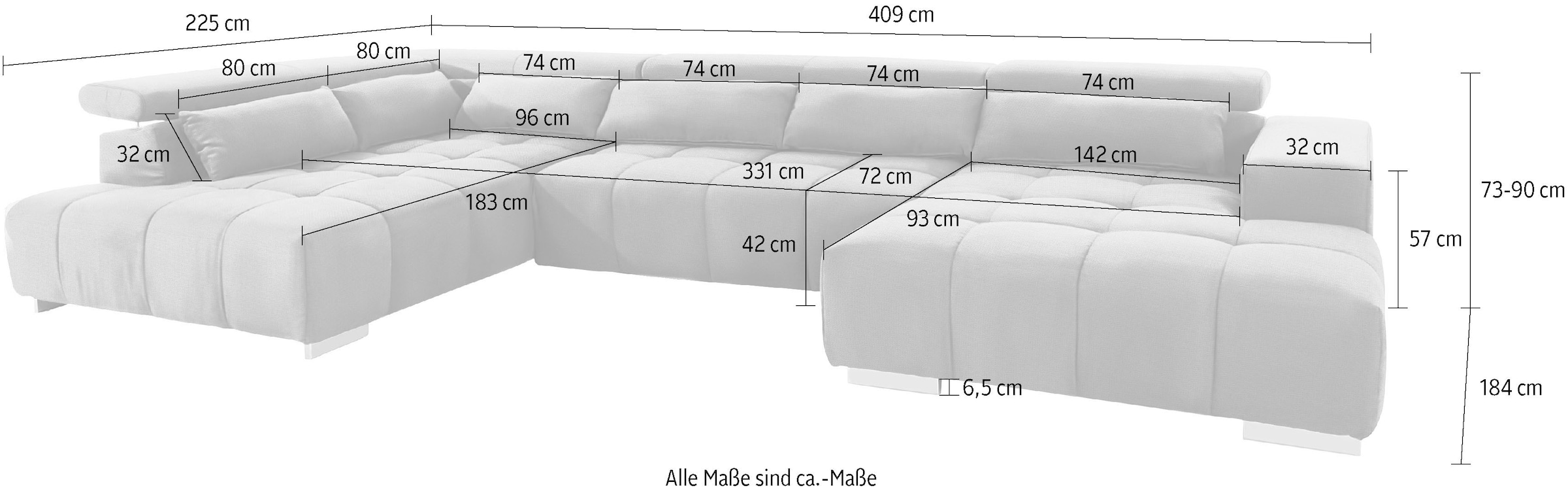 COTTA Paysage de salon »Orion U-Form, B: 409 cm« mit Kopfteilverstellung & 6 Nierenkissen