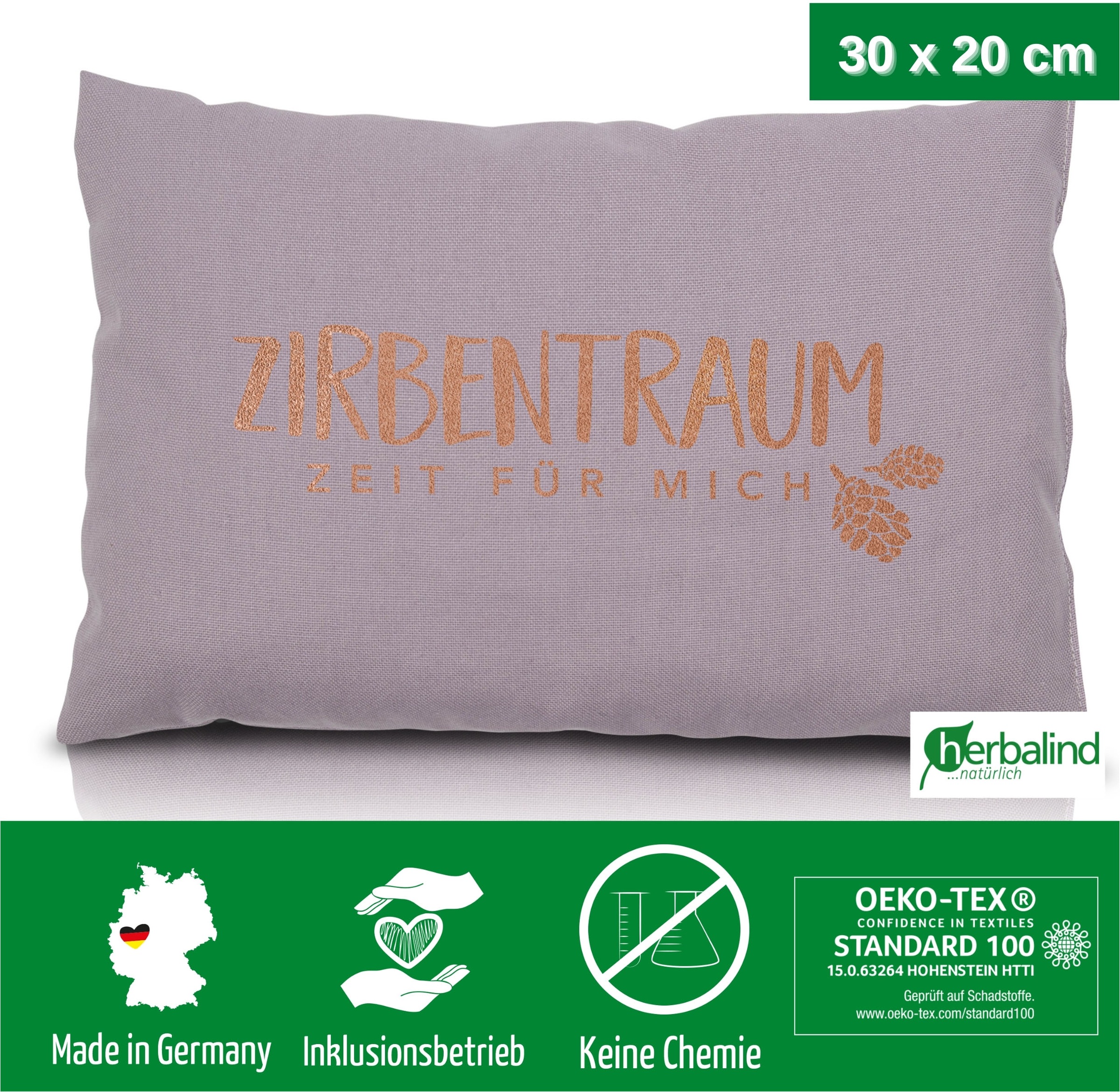 herbalind Zirbenkissen »Zirbentraum in Anthrazit/Roségold 30x20 mit Reissverschluss - Gefüllt« mit hochwertigen Zirbenholzflocken 100% Baumwolle - Made in Germany