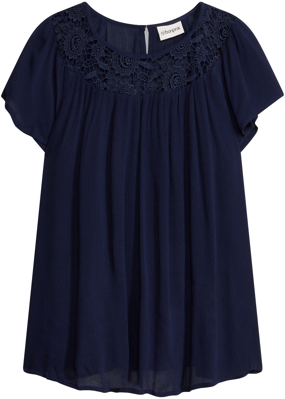 bonprix Blouse à manches courtes »Bluse aus reiner Viskose« coupe confortable, crêpe en viscose, avec superbe insert en dentelle
