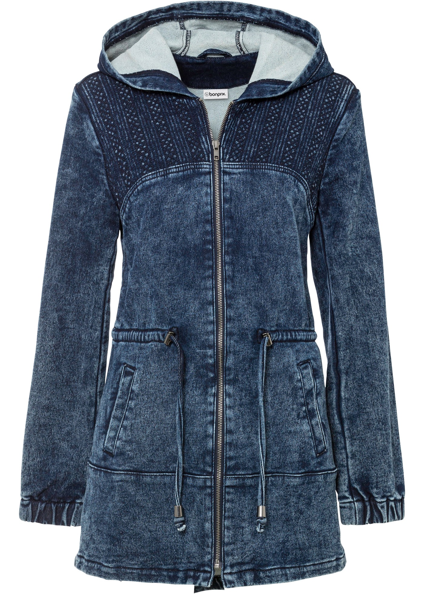 bonprix Veste en jean avec capuche manteau court en forme parka évasée, avec capuche