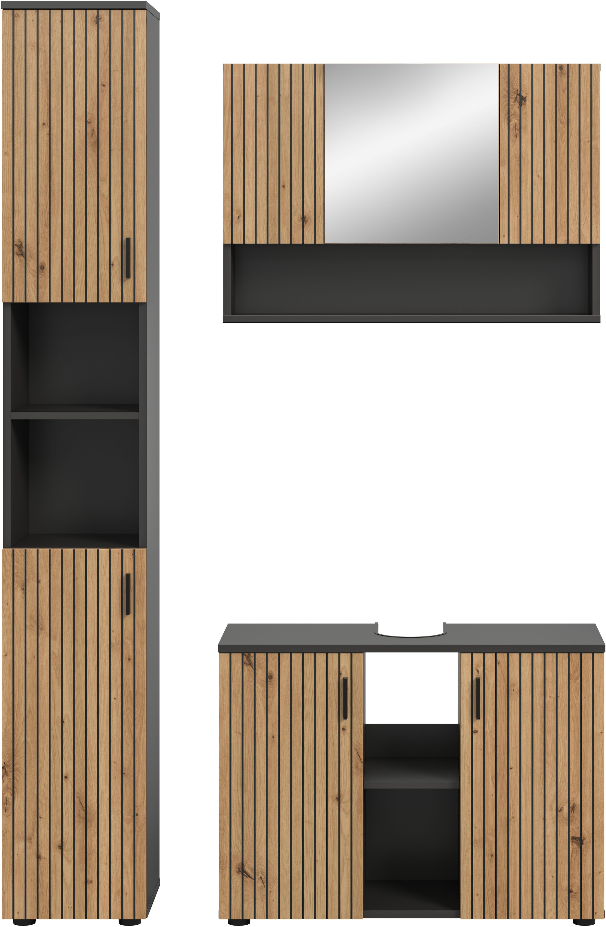 welltime Ensemble de meubles de salle de bain »MANI, 3-tlg. Badkombination, Paneeloptik« Set, Set, best, aus: 1Badschrank,1Spiegelschrank,1Waschbeckenunterschrank, 3 cuis tlg.