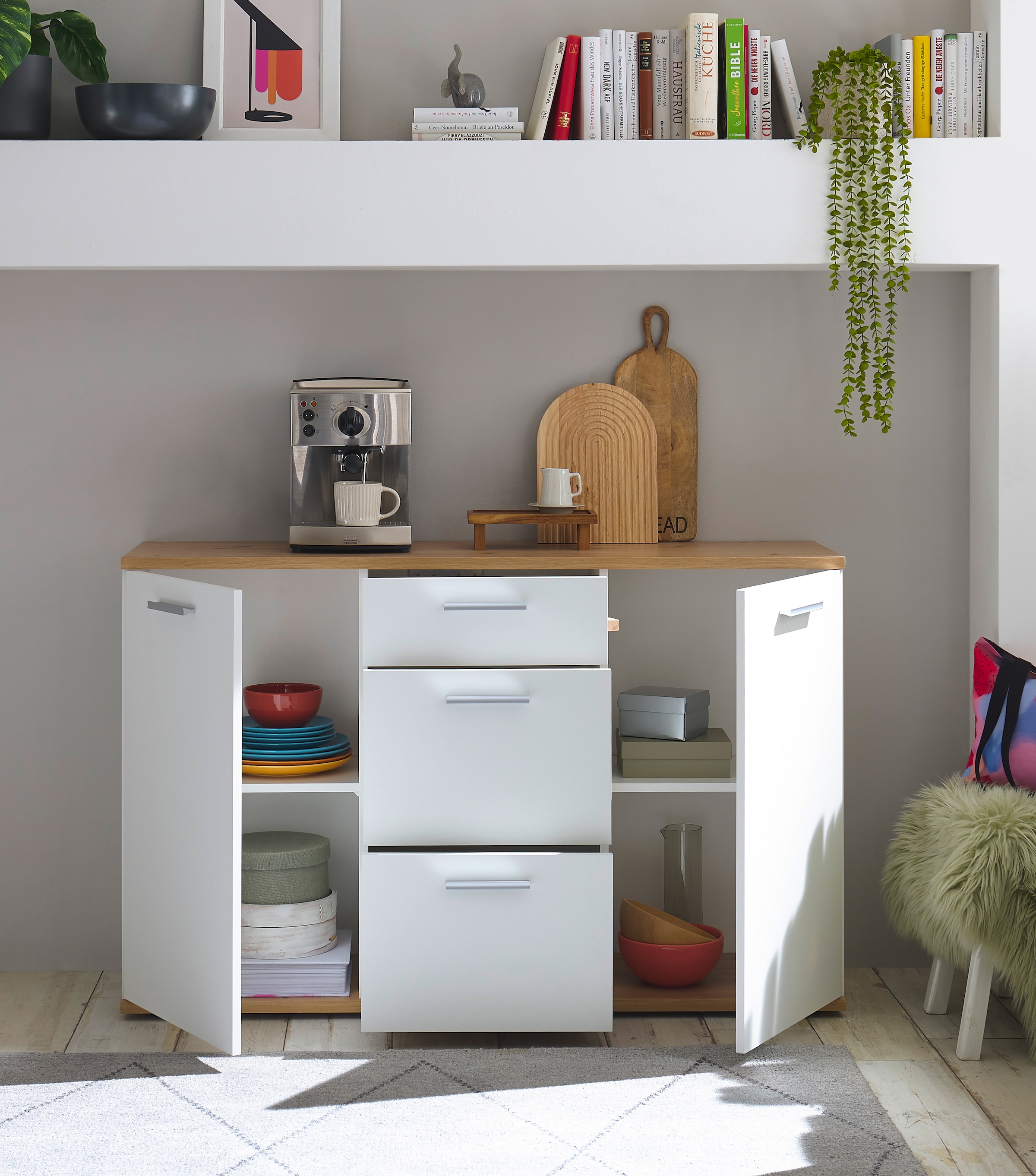 HBZ Kommode »BC1035 weiss matt, BxHxT 135x86x38 cm« Kommode mit 2 Türen, 3 Schubkästen, 2 Einlegeböden