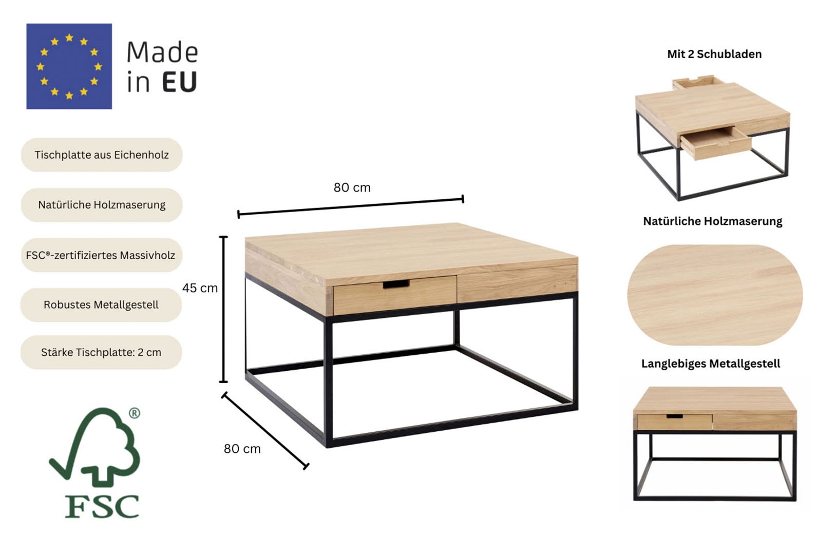 Home affaire Couchtisch »Rava« B/T/H: 90/60/45 cm,  in 2 Grössen, aus massiver Eiche