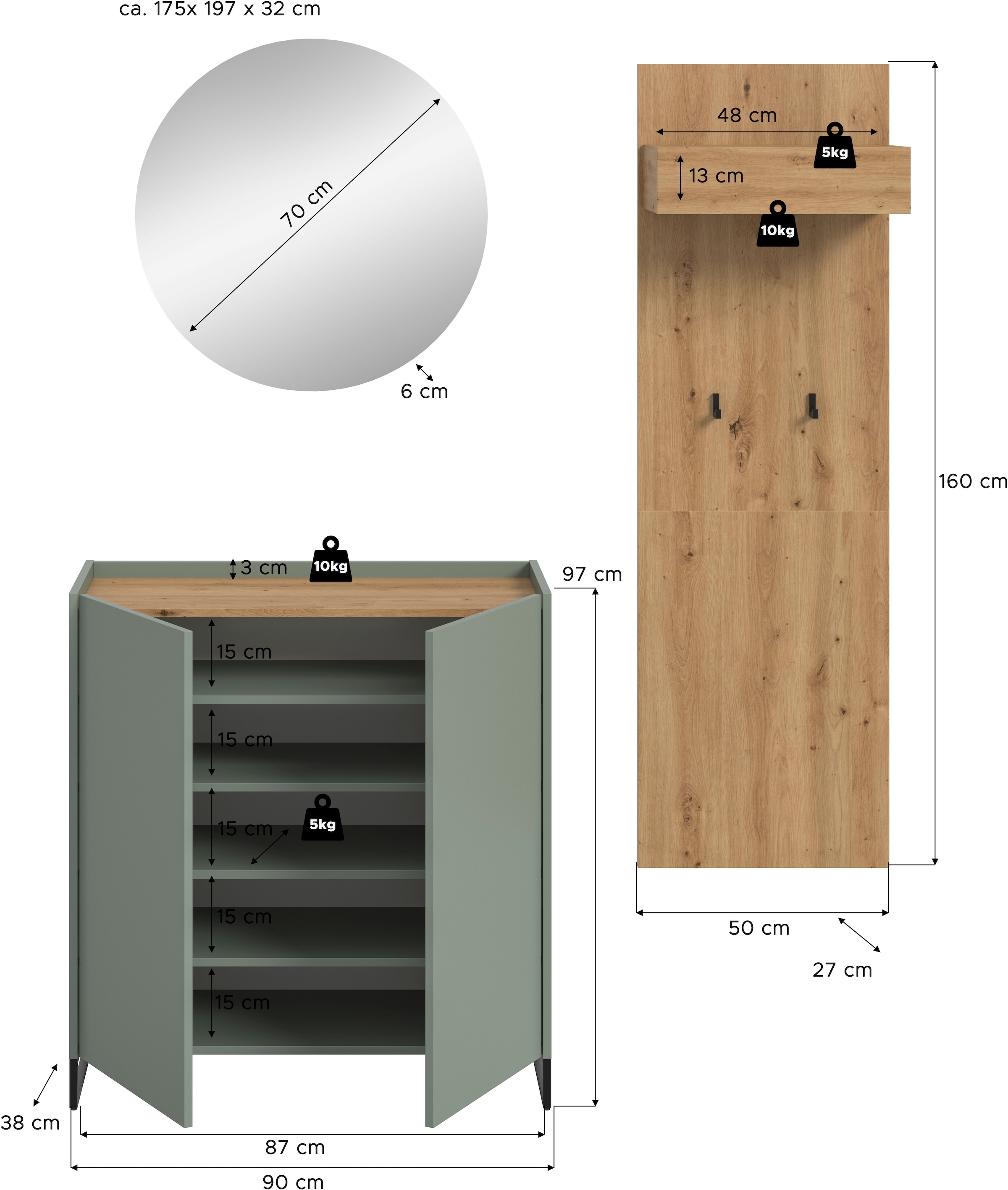 INOSIGN Garderoben-Set »EVRID, 3-teilig, Breite 175 cm, individuell stellbar & erweiterbar« best. aus: Kommode, Spiegel & Garderobenpaneel, 3 Stk. tlg.