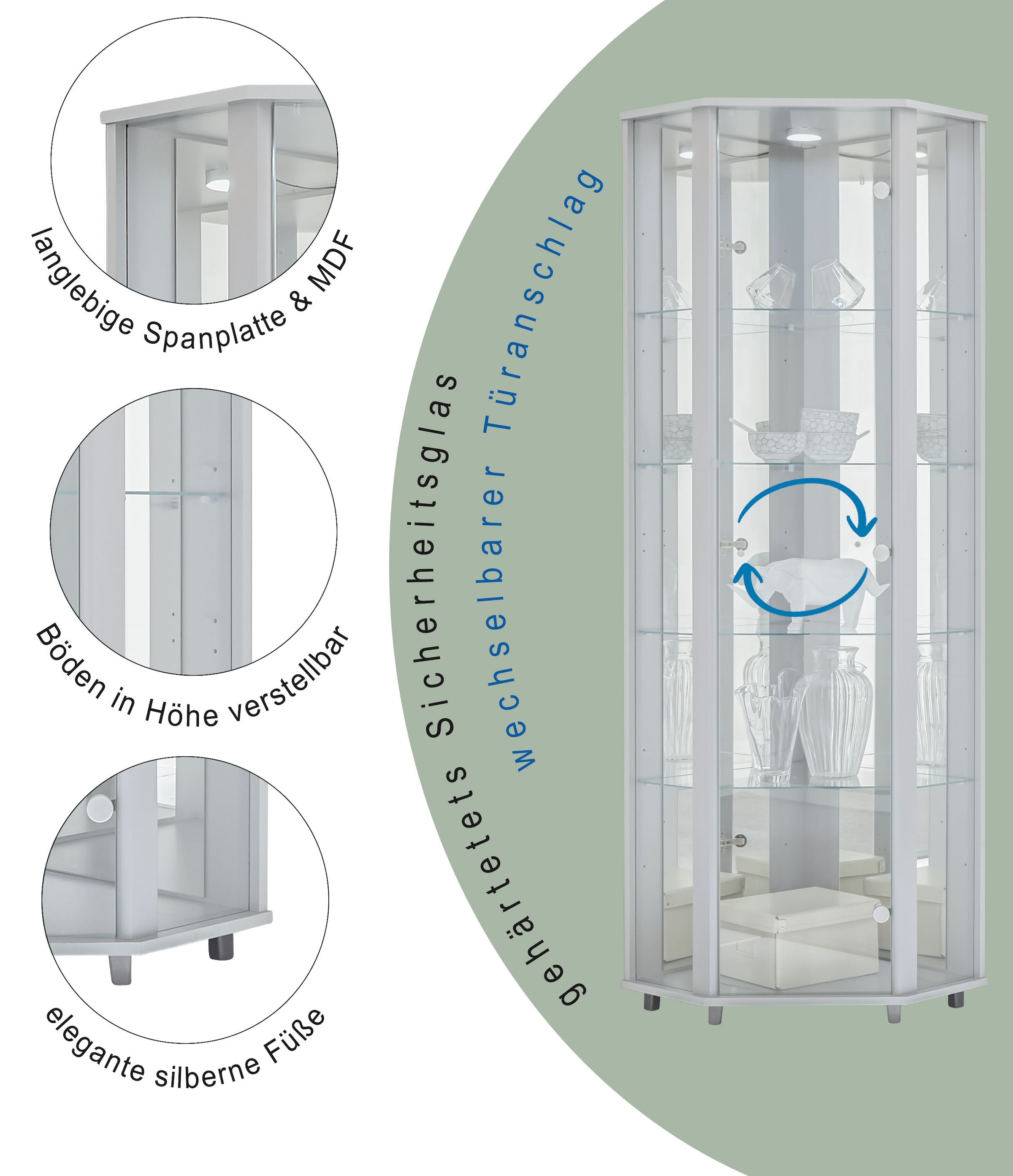 fif möbel Eckvitrine »TRIO Höhe ca. 172 cm, ink. Beleuchtung« Eckvitrine/Glasvitrine 1x Glastür, perfekt für Sammler, Sammlervitrine