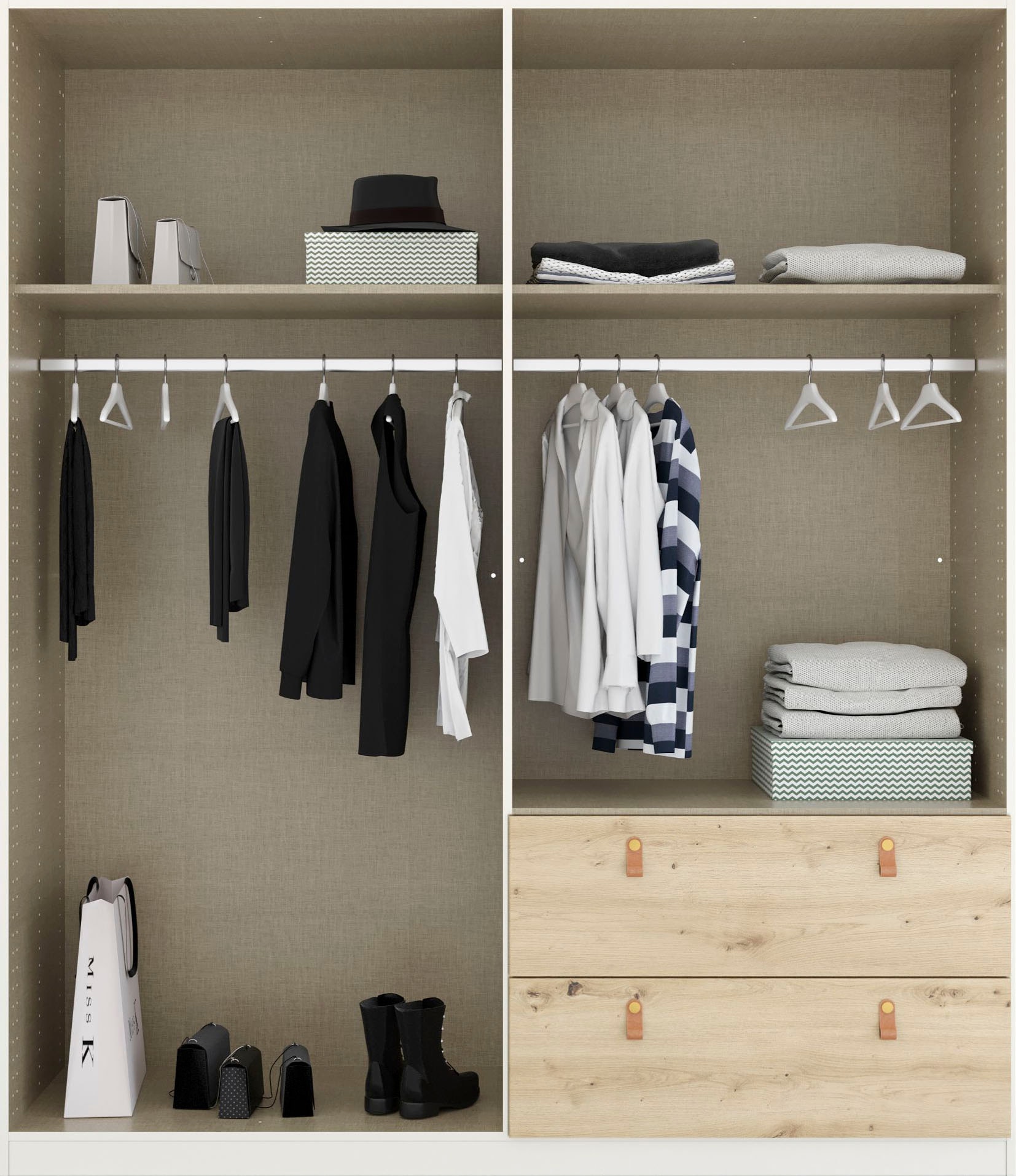rauch Drehtürenschrank »Kleiderschrank Schrank Garderobe Ankleide HOMEY BY QUADRA SPIN« Breiten: 181/226/271 cm, Höhe 210 cm,  mit cognacbraunen Ledergrifflaschen, Schubladen in Eichen-Dekor