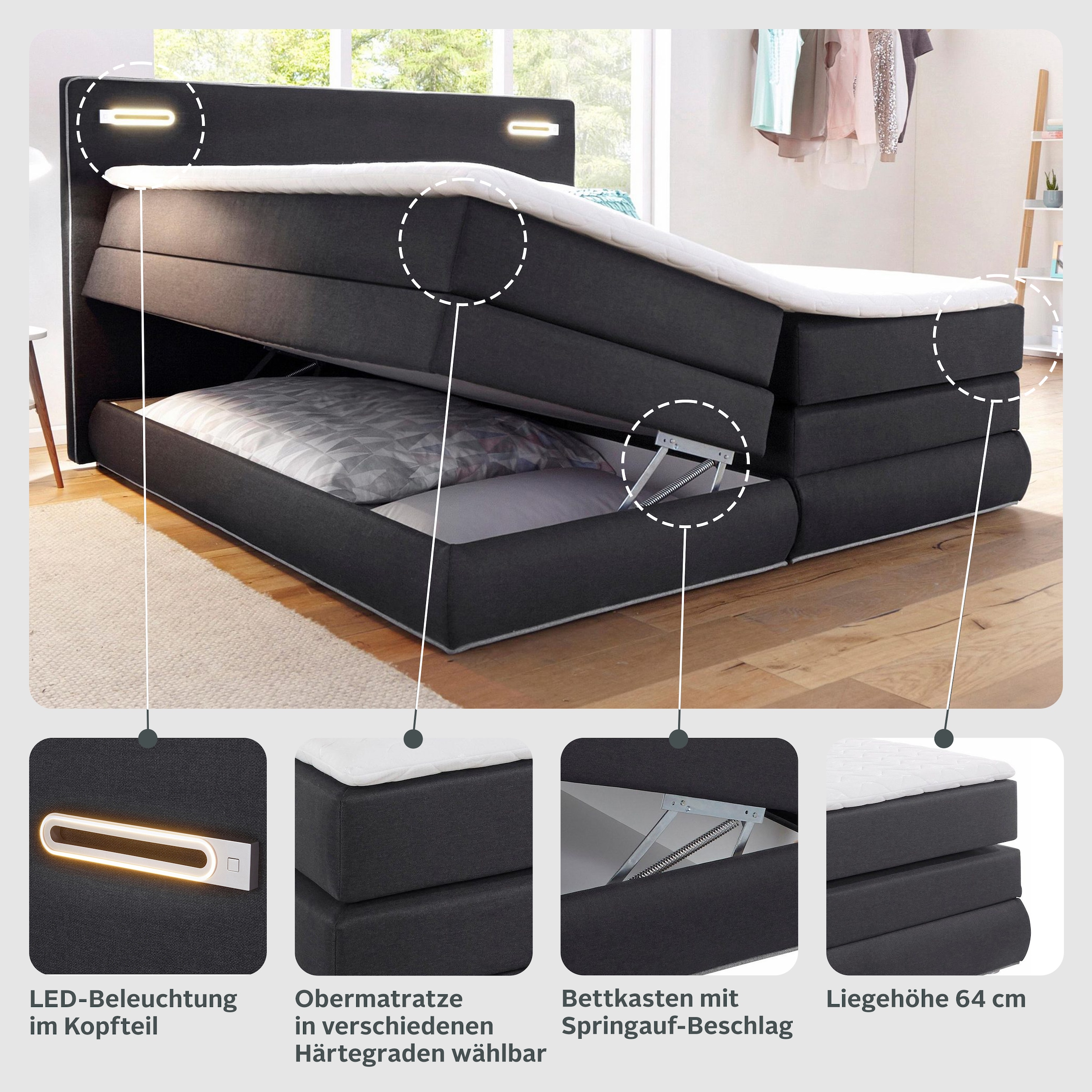 COLLECTION AB Lit boxspring »Ninoni« inkl. Bettkasten, Topper und wahlweise mit LED-Beleuchtung