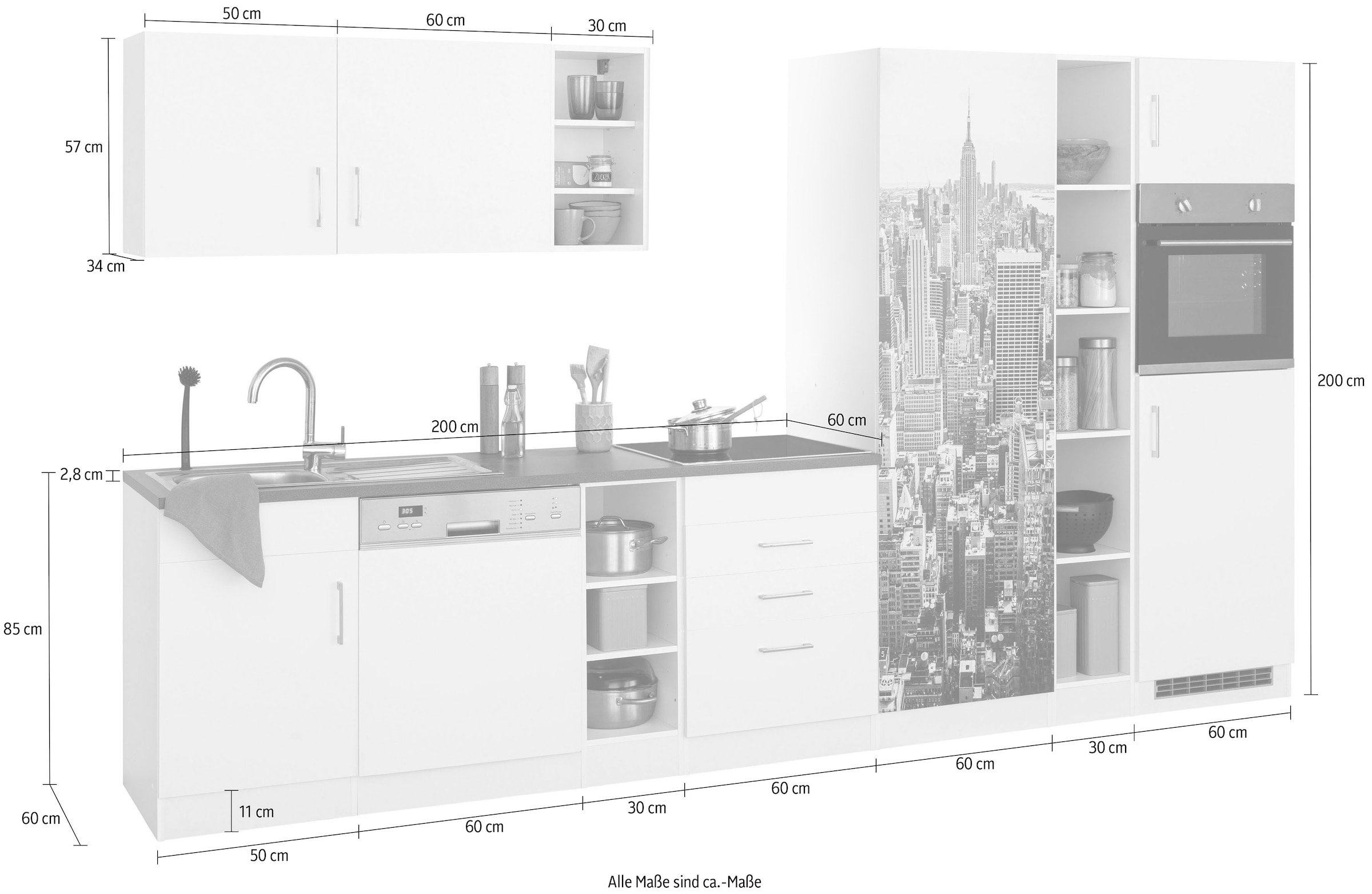 KOCHSTATION Kitchenette »KS-Paris – Küchen mit einzigartigen Fotomotiven auf den Fronten« largeur 350 cm, option appareils électriques et induction