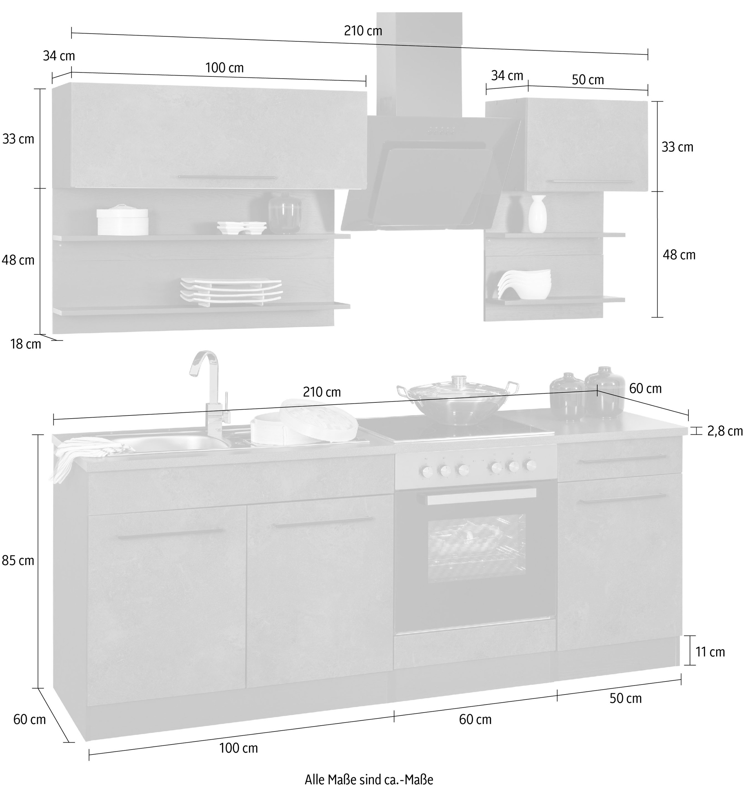 KOCHSTATION Küchenzeile »KS-Tulsa« Breite 210 cm, schwarze Metallgriffe, hochwertige MDF Fronten