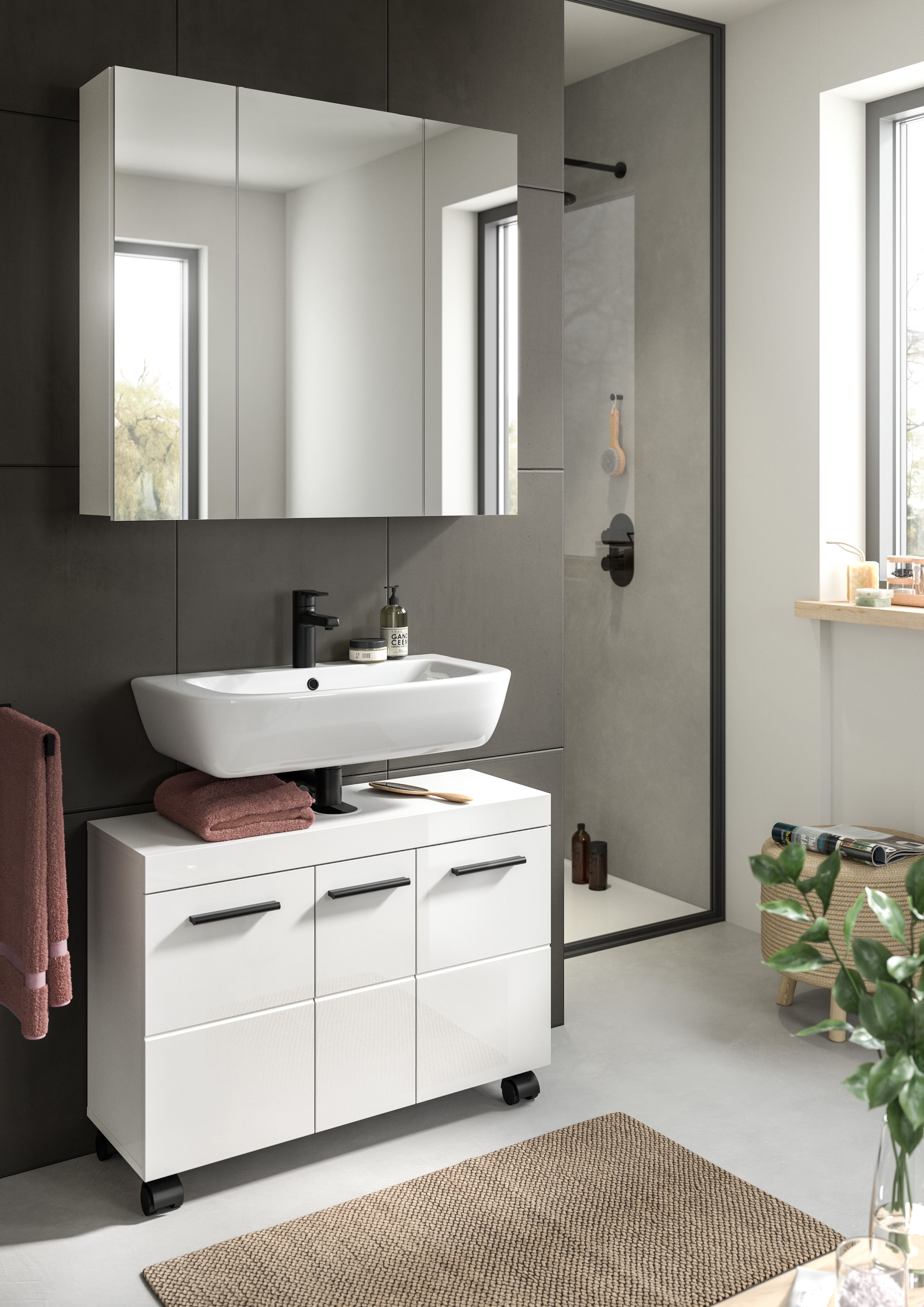 welltime Ensemble de meubles de salle de bain »AVON, Breite 82 cm, 2-teilige moderne Badkombination, auf Rollen« bestehend aus: Waschbeckenunterschrank & Spiegelschrank, 2 cuis tlg.