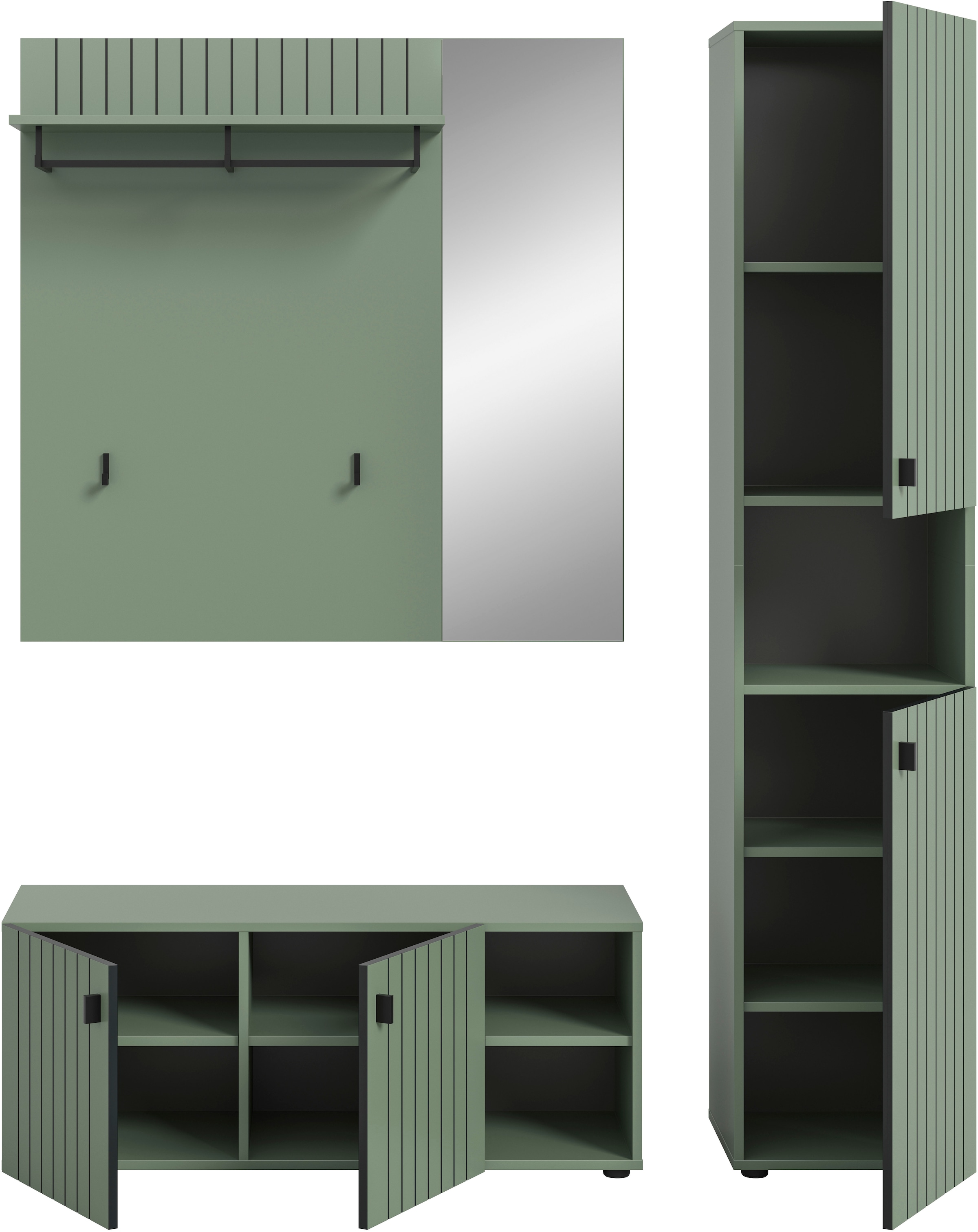 Home affaire Garderoben-Set »TATIO, 3-tlg. Garderobenkombination, Breite: 161 cm, Rillenfräsung« Set, Set, best. aus: 1 Garderobenschrank, 1 Sitzbank, 1 Spiegel, 3 Stk. tlg.