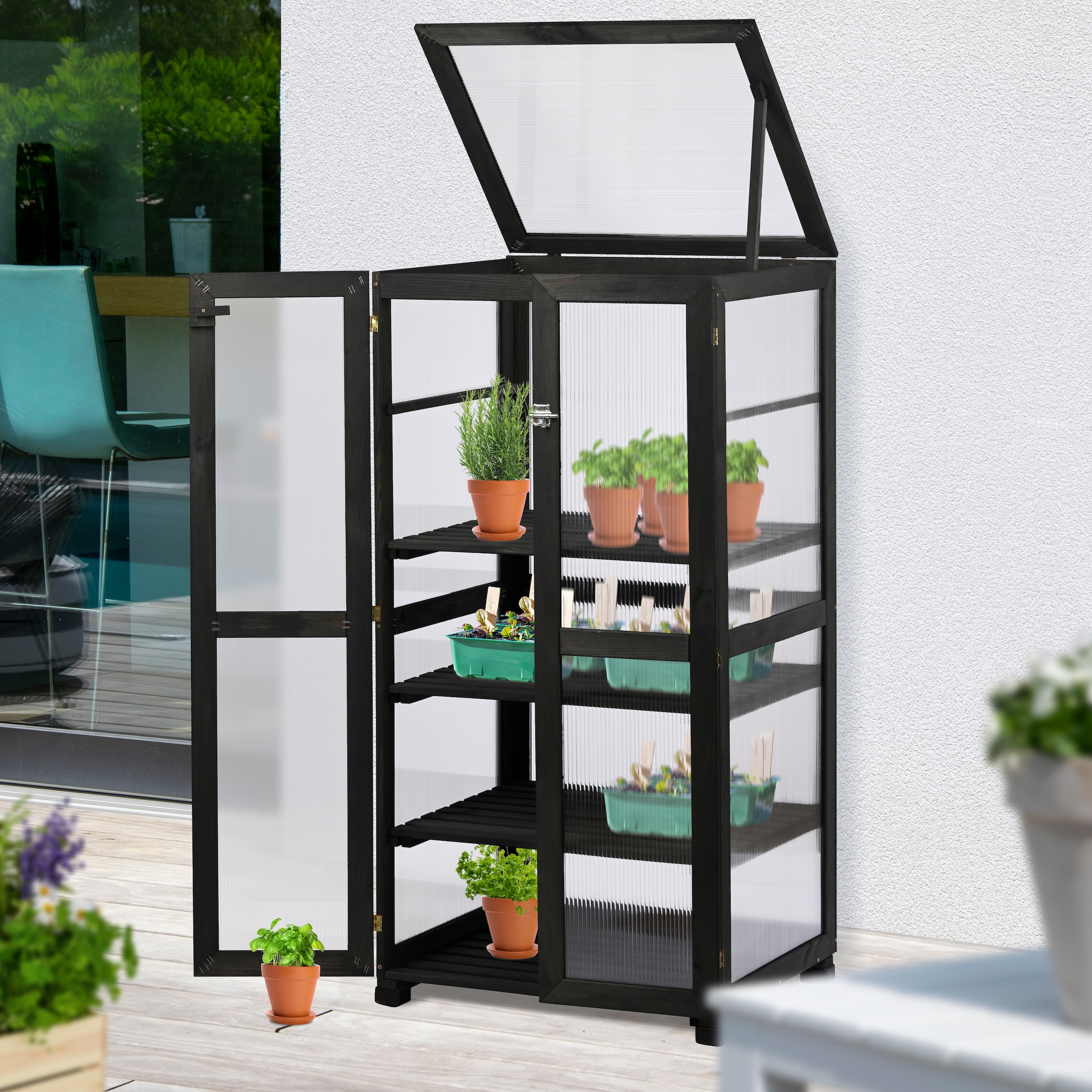 dobar Anzuchttopf »Dome« grosser Anzuchtschrank aus FSC®-zertifiziertem Kiefernholz, Anthrazit