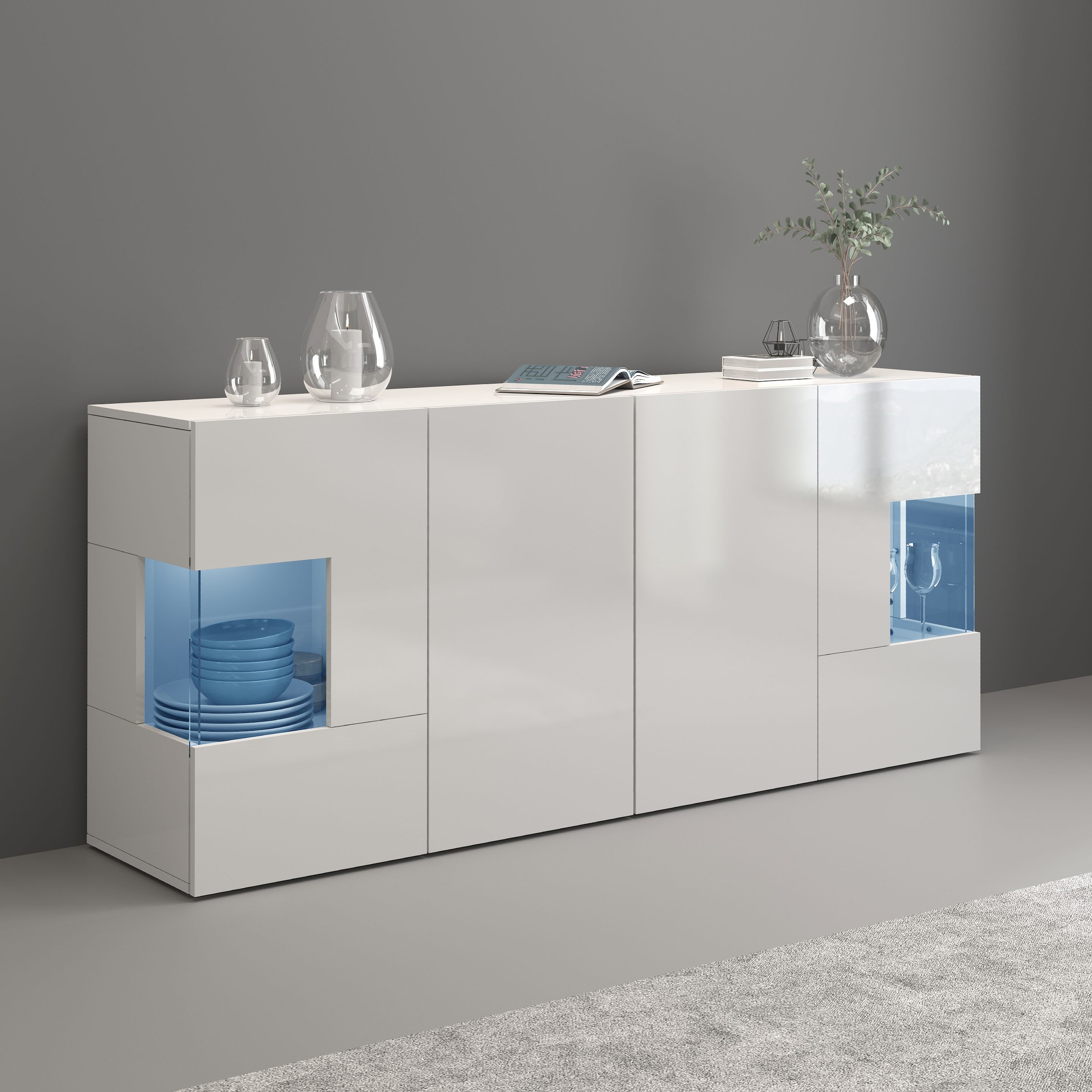 GOODproduct Sideboard »Egypt, Kommode, Schrank, Kredenz, Vitrine grifflos« 4 Türen davon 2 mit Glaseinsatz, kompl. Hochglanz lackiert, Breite 180