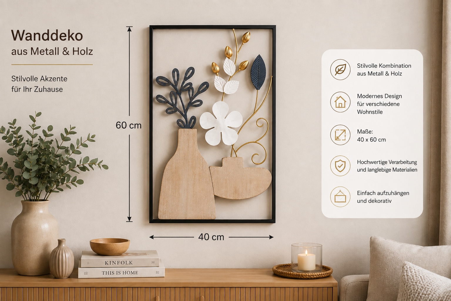 GOODproduct Wanddekoobjekt »Wanddeko, filigrane Blüten für jeden Wohnstil« Wohnaccessoire, Kombination aus Metall und Holz, 40x60cm