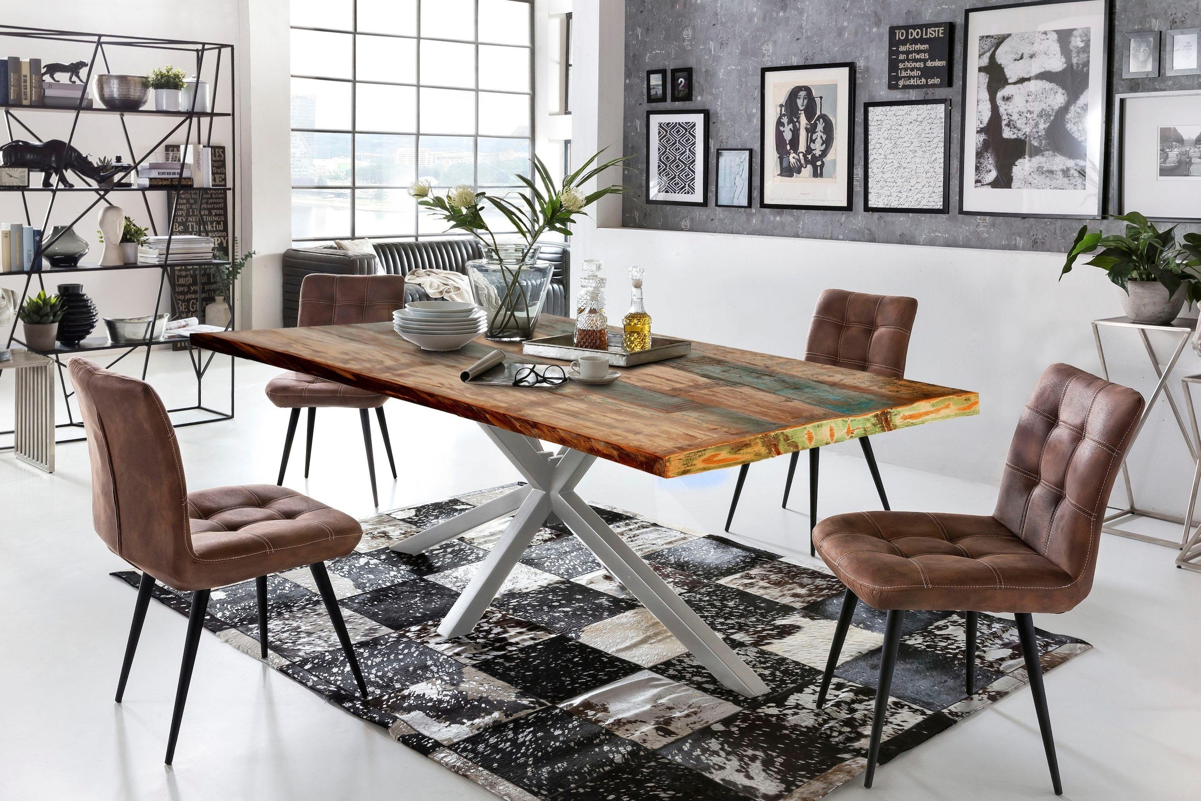 SIT Table de salle à manger »Riga Altholz Massivholz mit Stern-Gestell & Unikat-Charakter« bois ancien massif avec structure caractéristique en étoile
