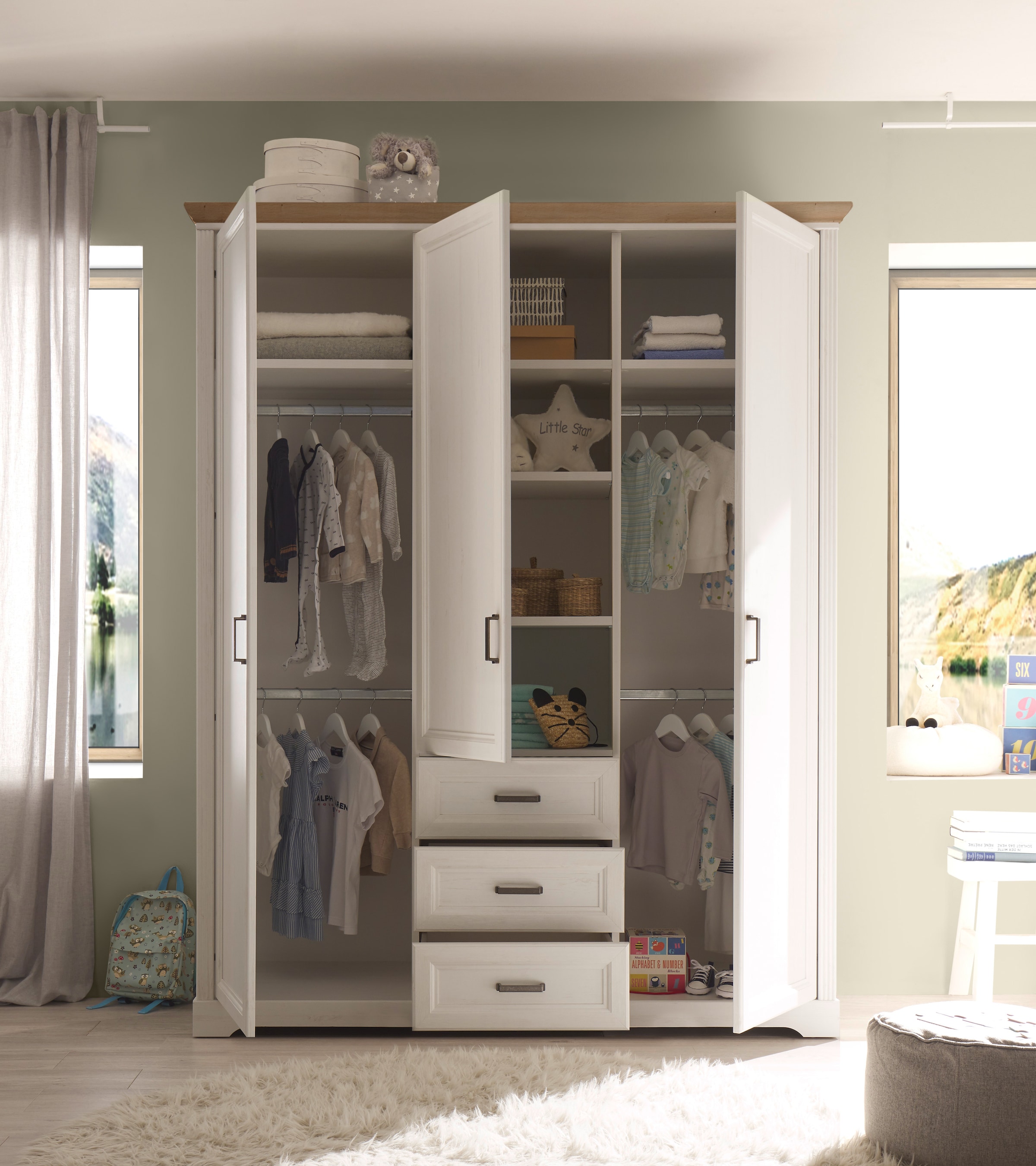 Begabino Armoire à portes battantes »Jasmin Schrank, Kleiderschrank mit Drehtüren« im Landhausstil, Kranzleiste mit farblicher Absetzung