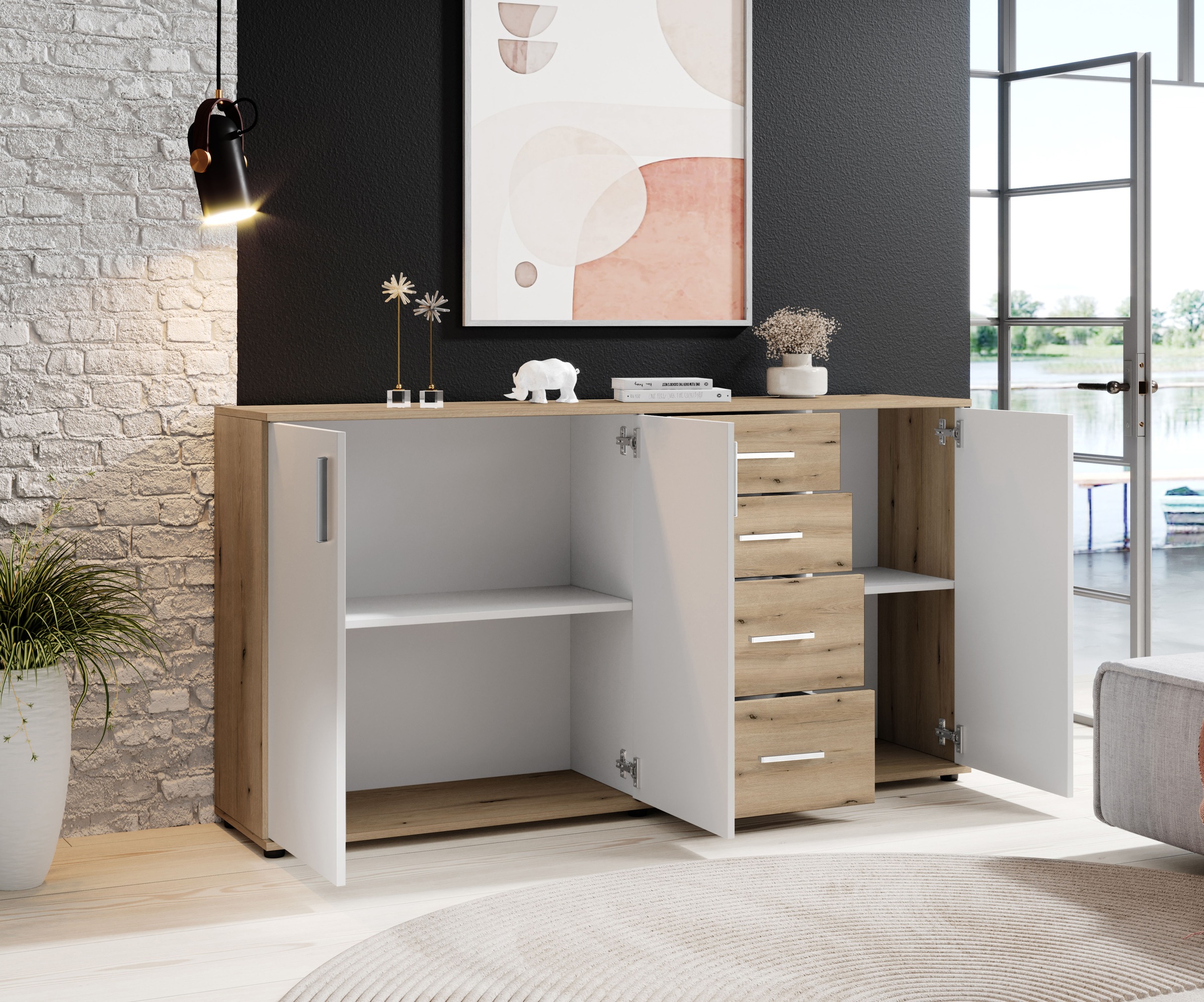 HBZ Kommode »BC-Drift-2, Sideboard Stellmass BxHxT 160x84x35 cm« 1 Stk. tlg. Sideboard mit 3 Türen und 4 Schubkästen, 2 Einlegeböden