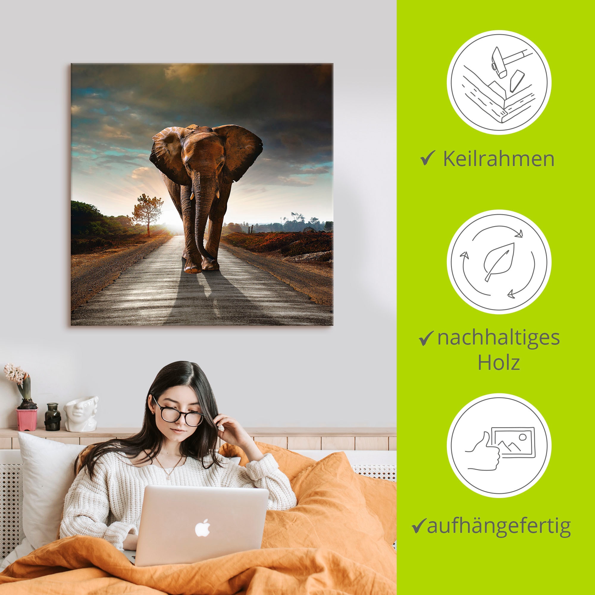 Artland Leinwandbild »Ein Elefant läuft auf der Strasse« Wildtiere 1 Stk. tlg. auf Holzrahmen gespannt