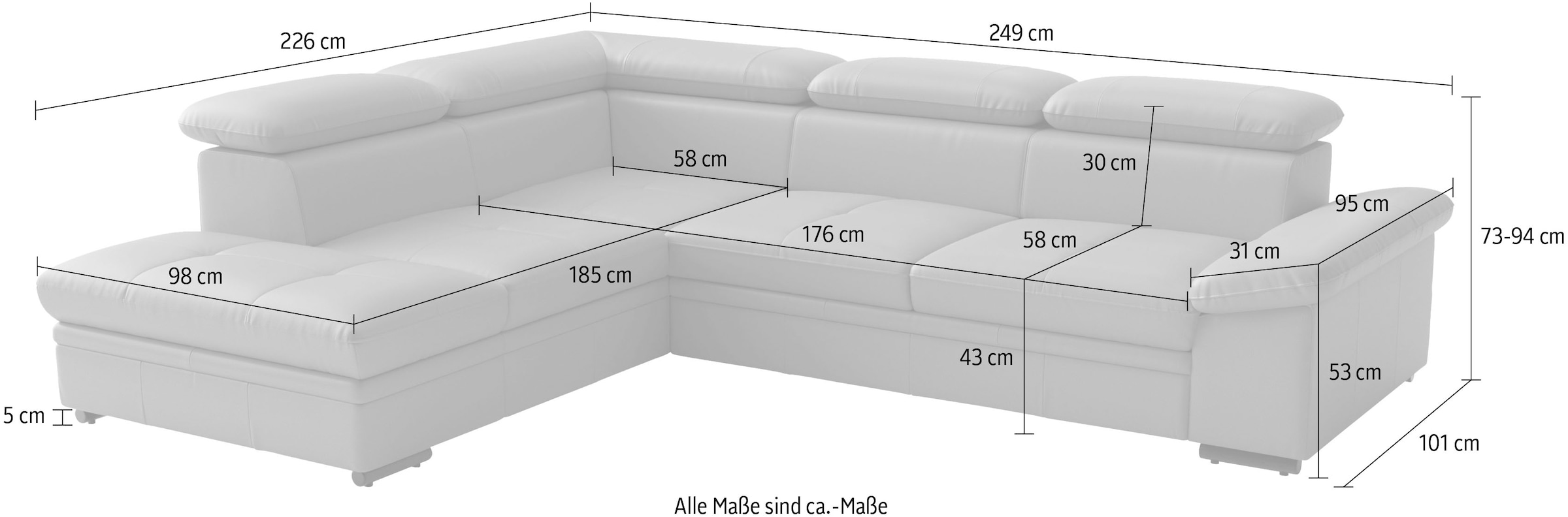 sit&more Canapé d'angle »Viola L-Form, B: 249 cm, Arm- & Kopfteilverstellung« optionnellement avec fonction de couchage