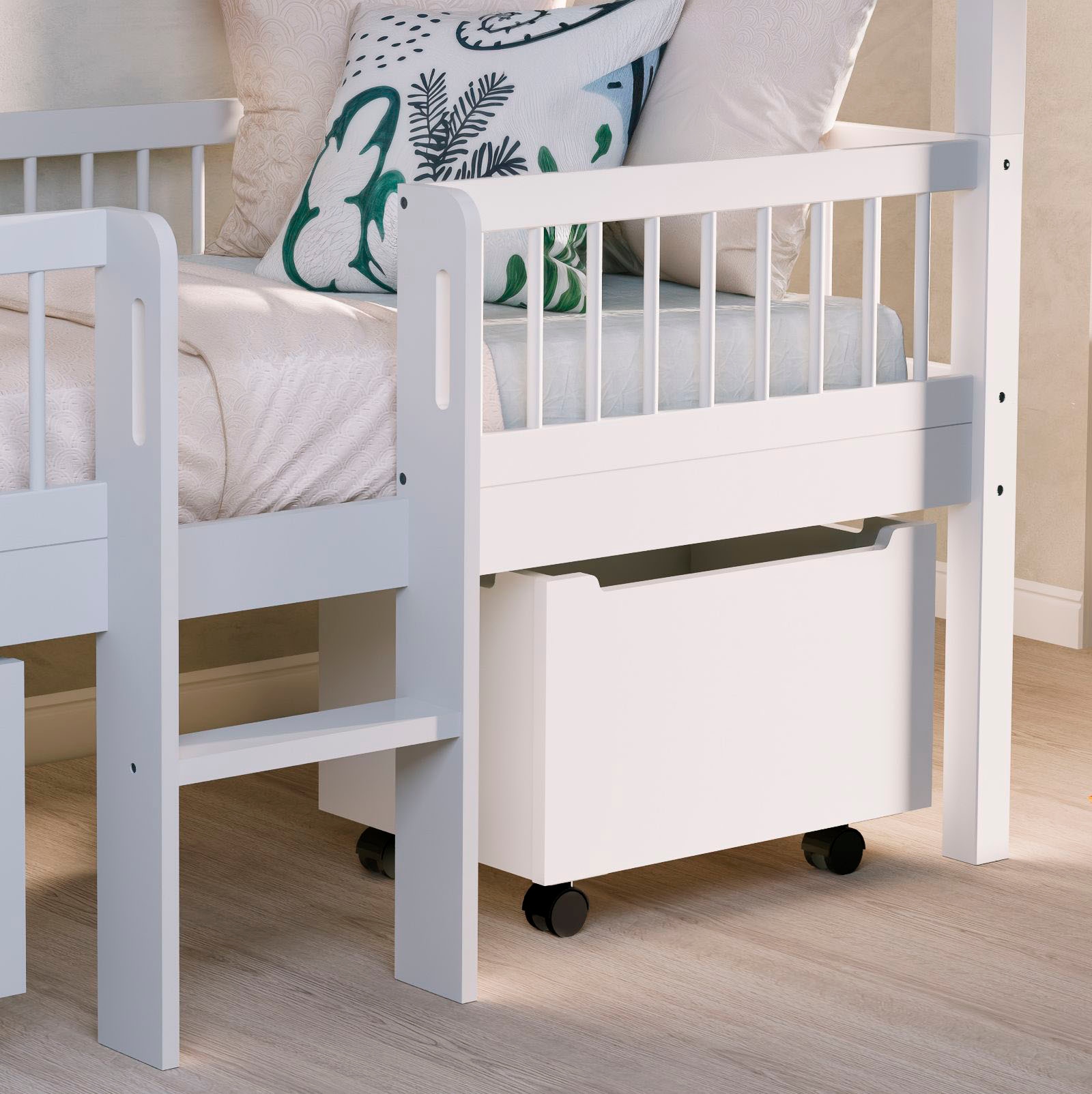 Vipack Lit de maison »Inkl. Dachaufbau, Leiter und Rolllattenrost, Made in Europe« Disponible avec ou sans ciel de lit décoratif textile,  construit de manière robuste et de qualité, hêtre massif laqué blanc