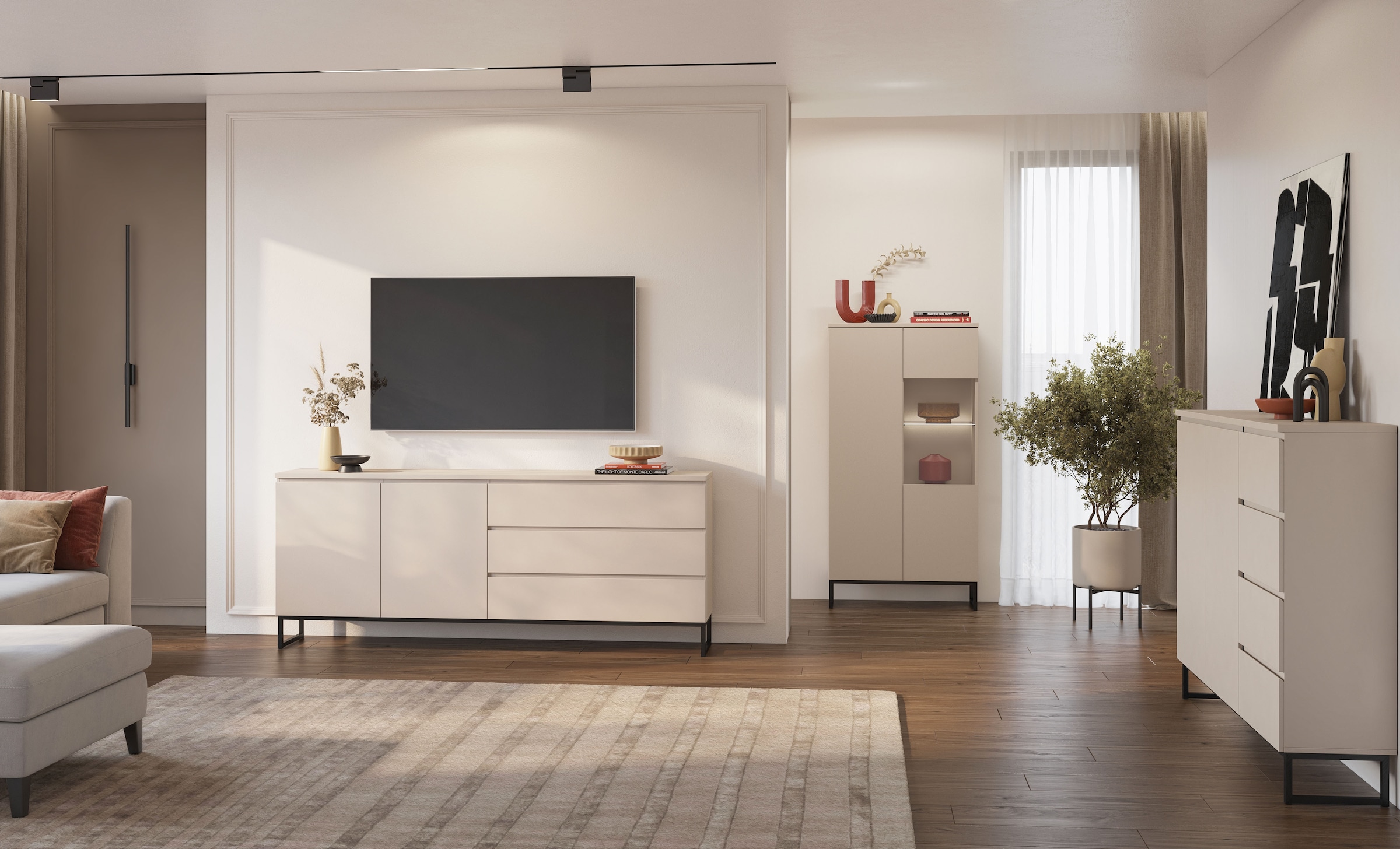 GOODproduct Sideboard »Modo II, Breite 150 cm, moderne grifflose Kommode 2Türen/4 SK« Schubladenschrank viel Stauraum, Einlegeböden verstellbar, Metallkufen