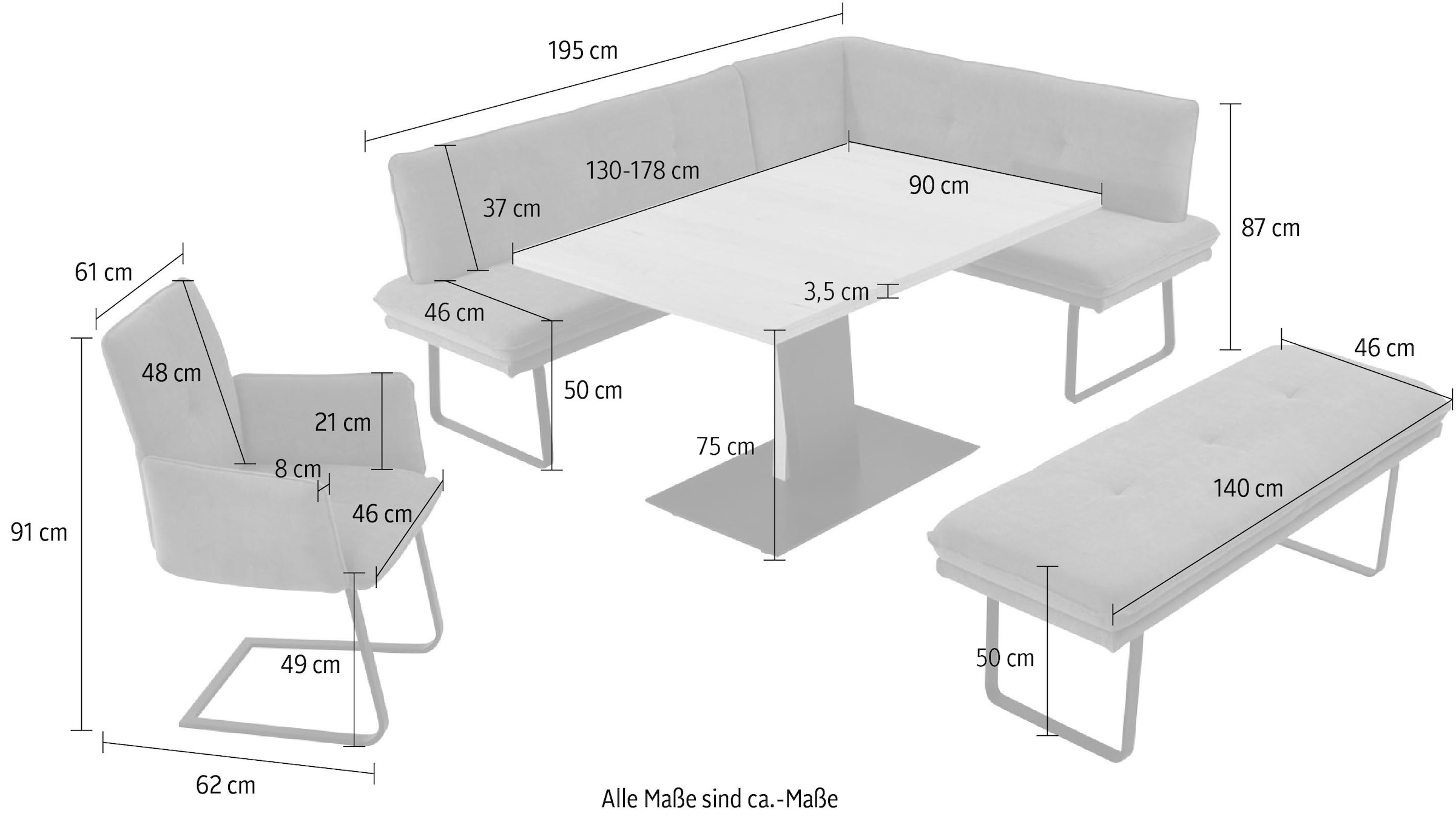 K+W Komfort & Wohnen Ensemble de salle à manger »Giacomo III« 4 cuis tlg. Fauteuil à bascule avec jambe longue de 207 cm, au choix gauche ou droite