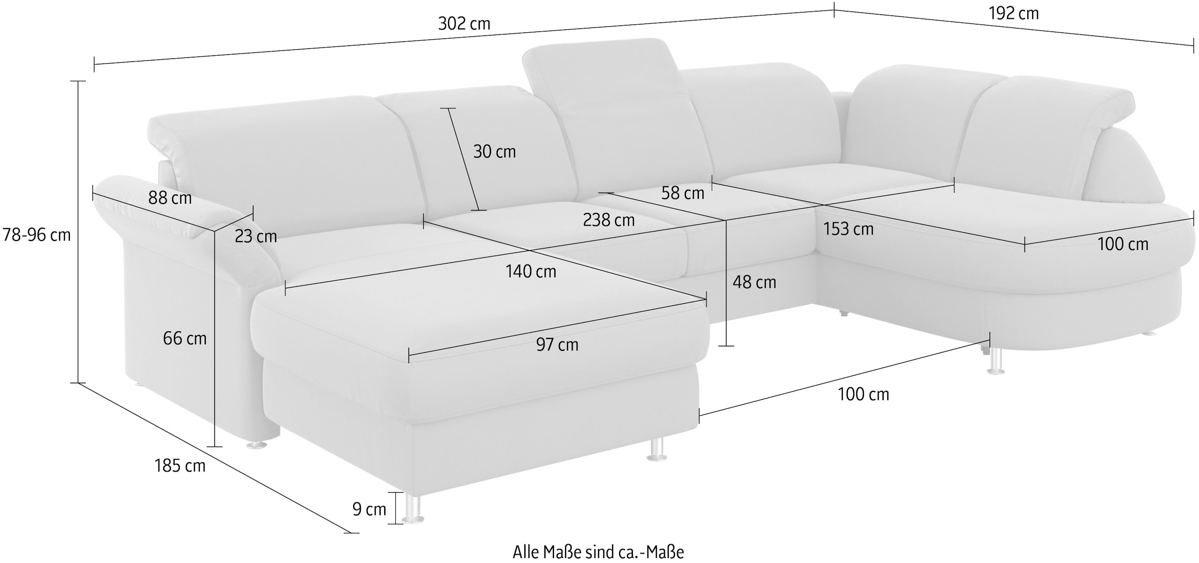 sit&more Wohnlandschaft »Apulia U-Form« wahlweise Schlaffunktion, Bettkasten und Kopf- und Armteilverstellung
