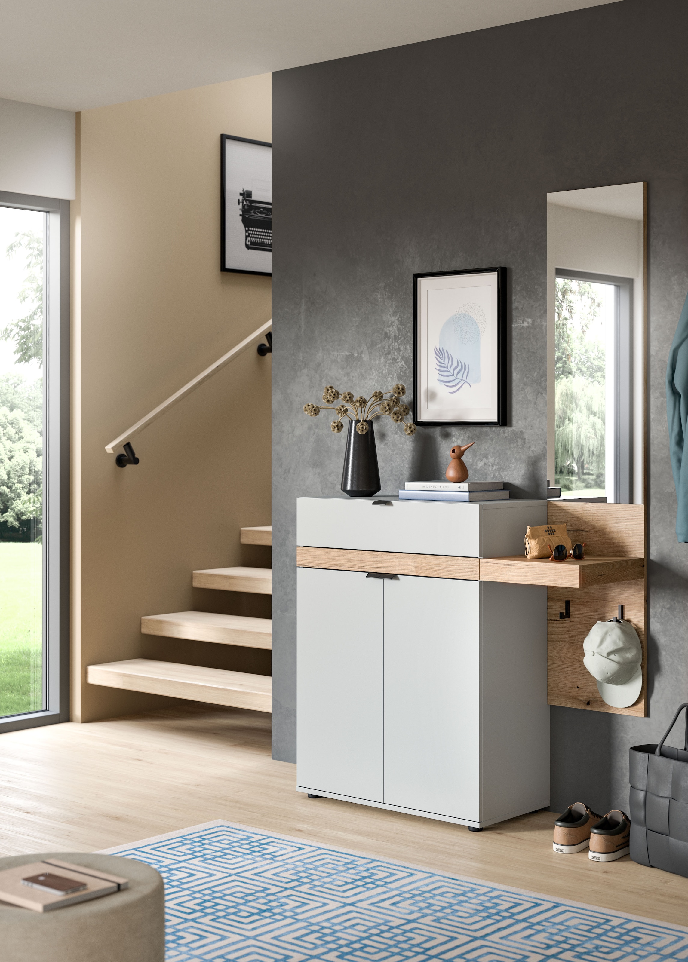 INOSIGN Garderobenspiegel Oran, Spiegel, Evoke Oak, grosse Spiegelfläche, Ablagefläche, Haken,