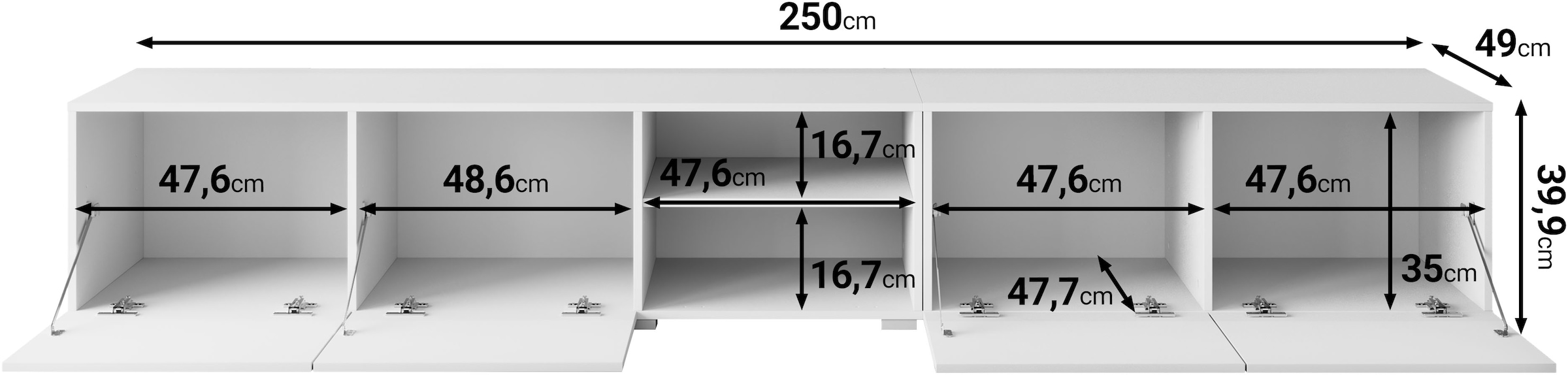 GOODproduct Lowboard »Denver 250 cm für bis zu 98-Zoll TVs - Weltmeisterschaft im XXL Format« Wahlweise mit oder ohne offenes Fach in der Mitte