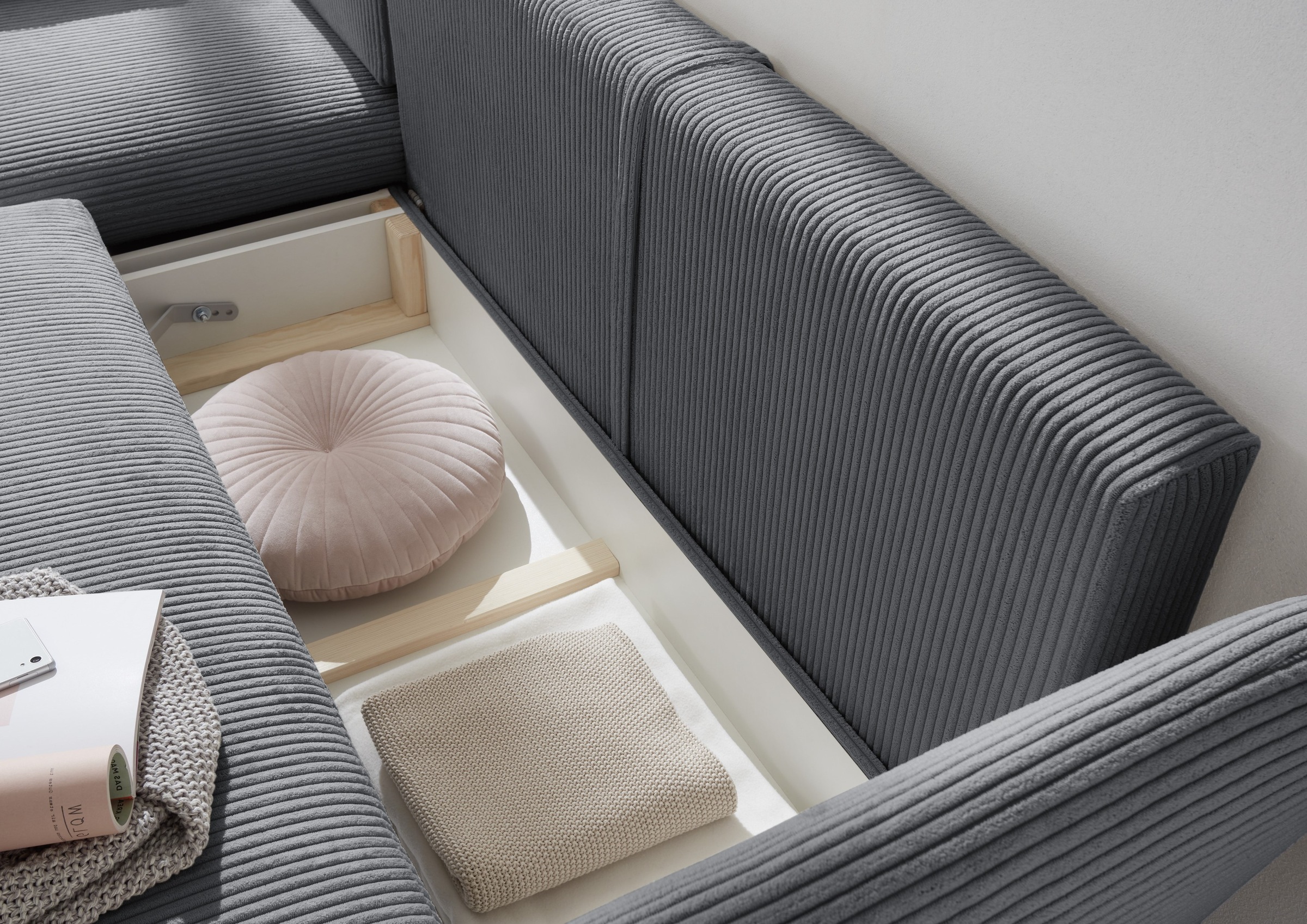 GOODproduct Canapé d'angle »MERLE, 258 cm, L-Form, traumhafter Cord,« mit Bettfunktion und Bettkasten, Liegefläche 224 x 139