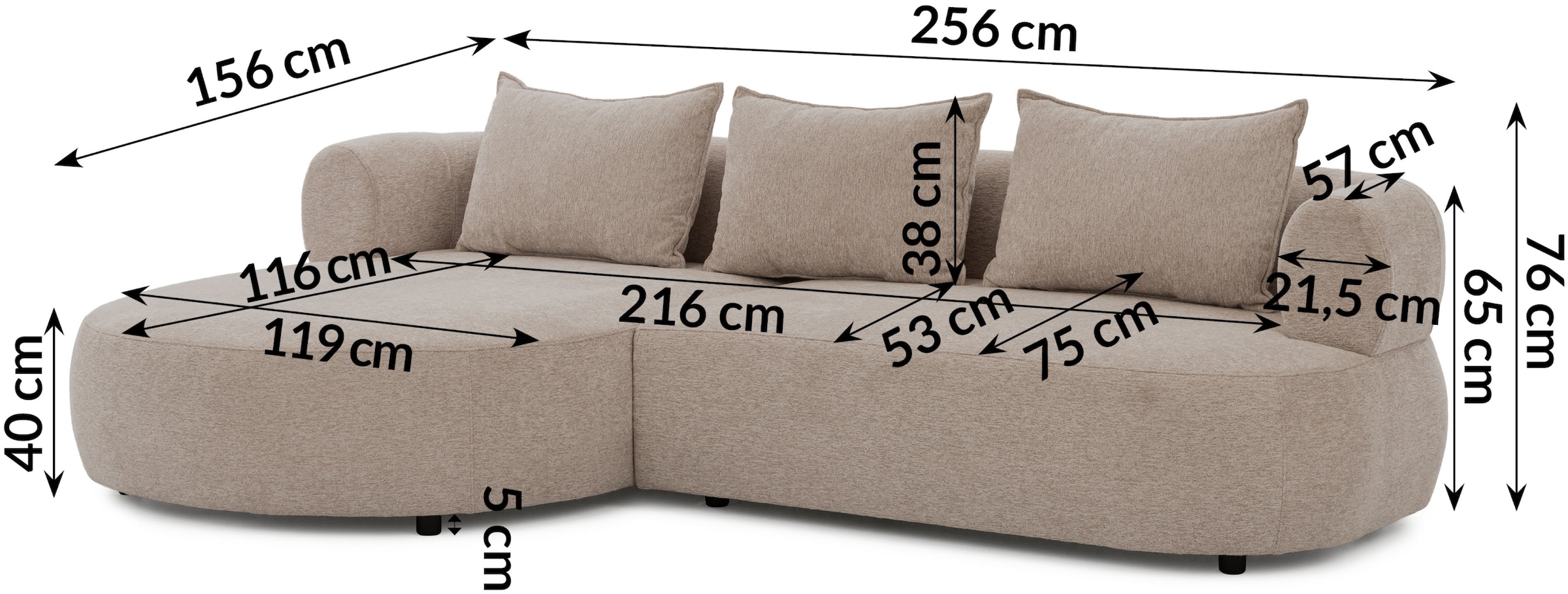 Home affaire Canapé d'angle »LUSSAC L-Form Design-Sofa mit Zierkissen, Masse B/T/H: 257/159/78 cm« grand confort d'assise et design moderne, canapé sans fonction lit